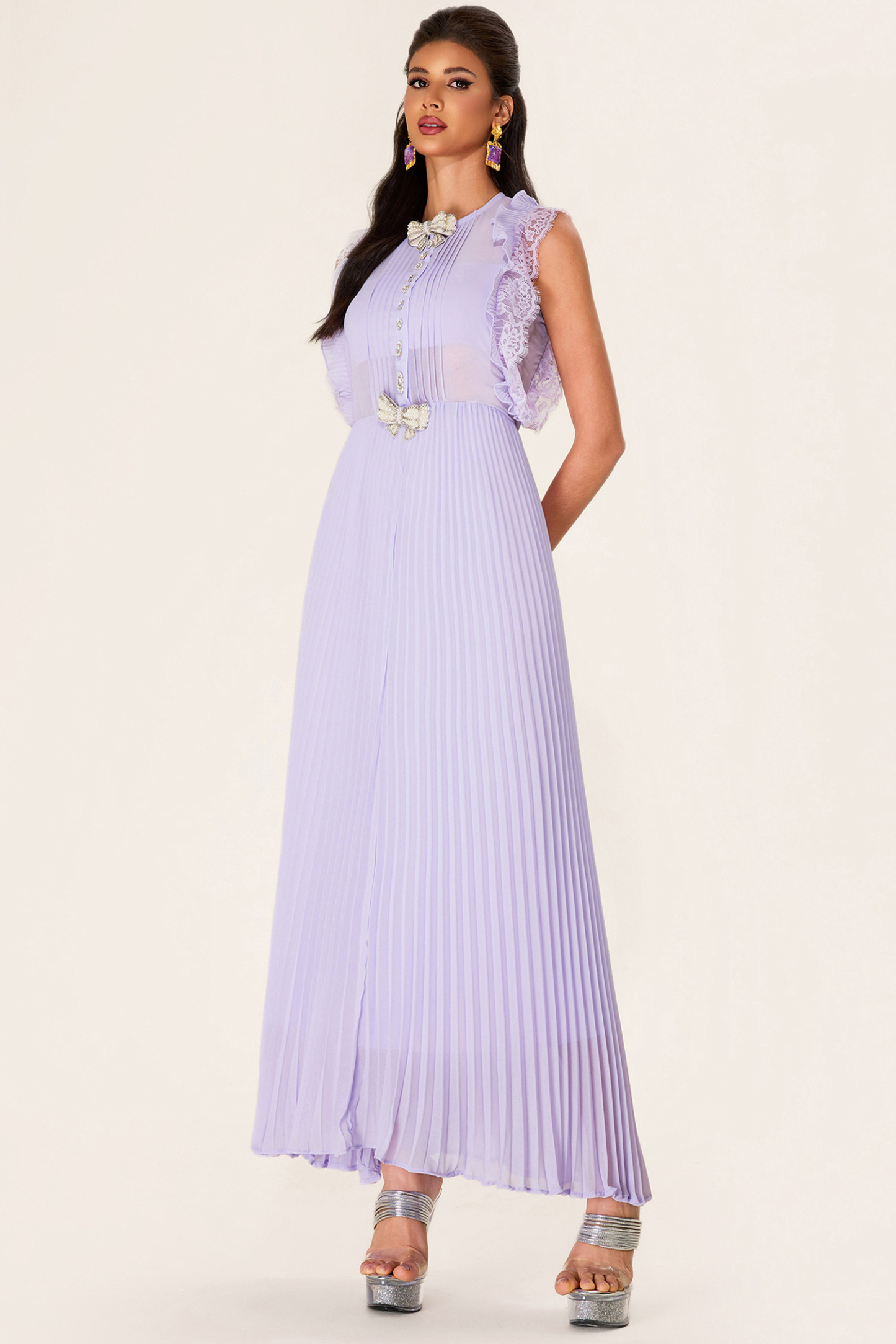 Rhinestone Bow Sleeveless Pleat Midi Dress