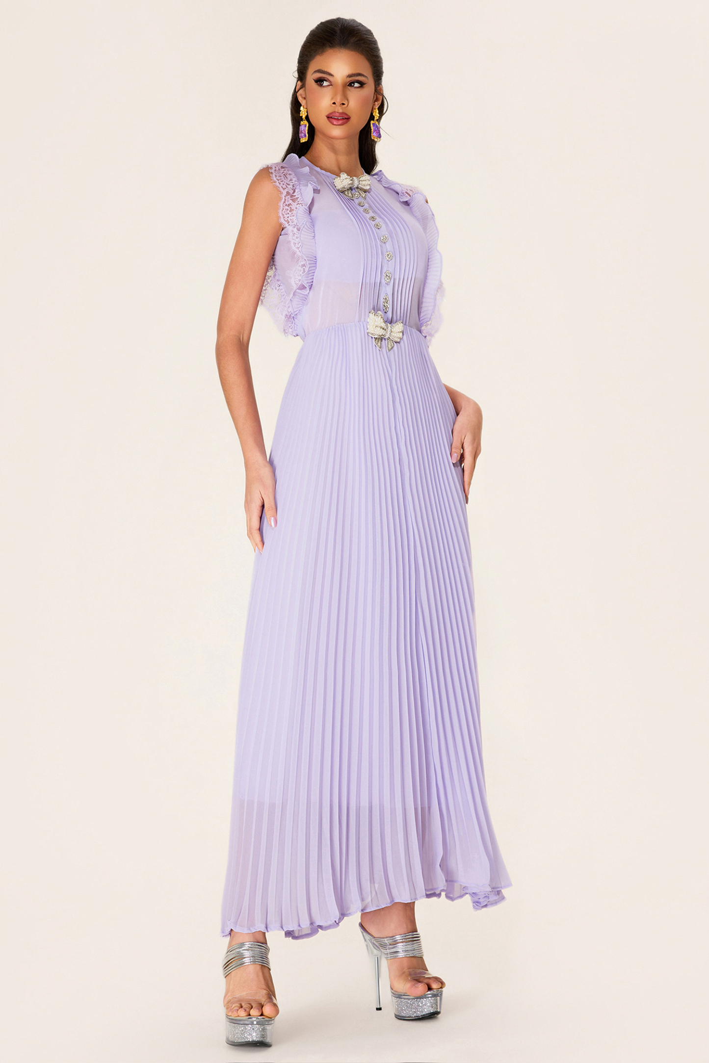Rhinestone Bow Sleeveless Pleat Midi Dress