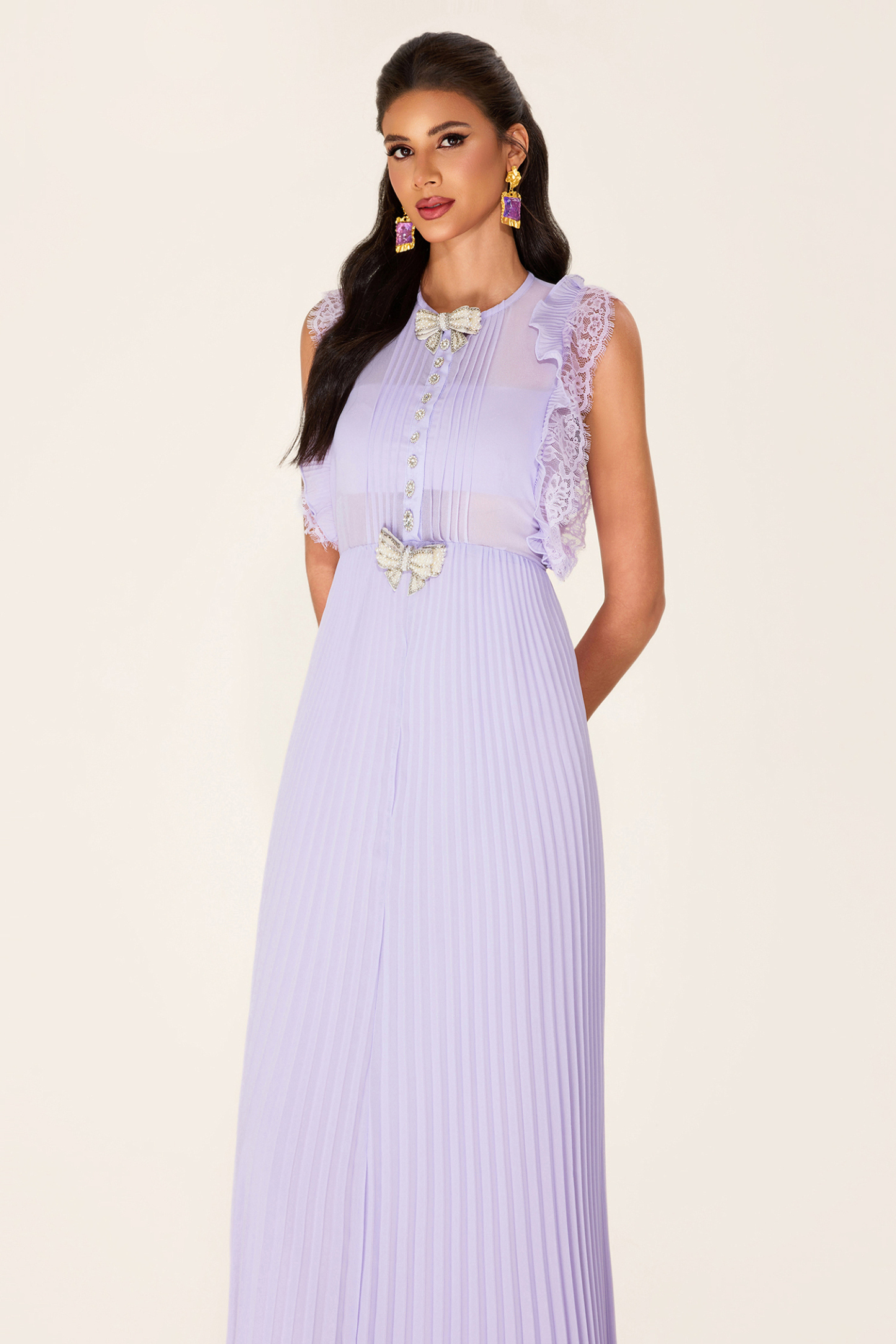 Rhinestone Bow Sleeveless Pleat Midi Dress