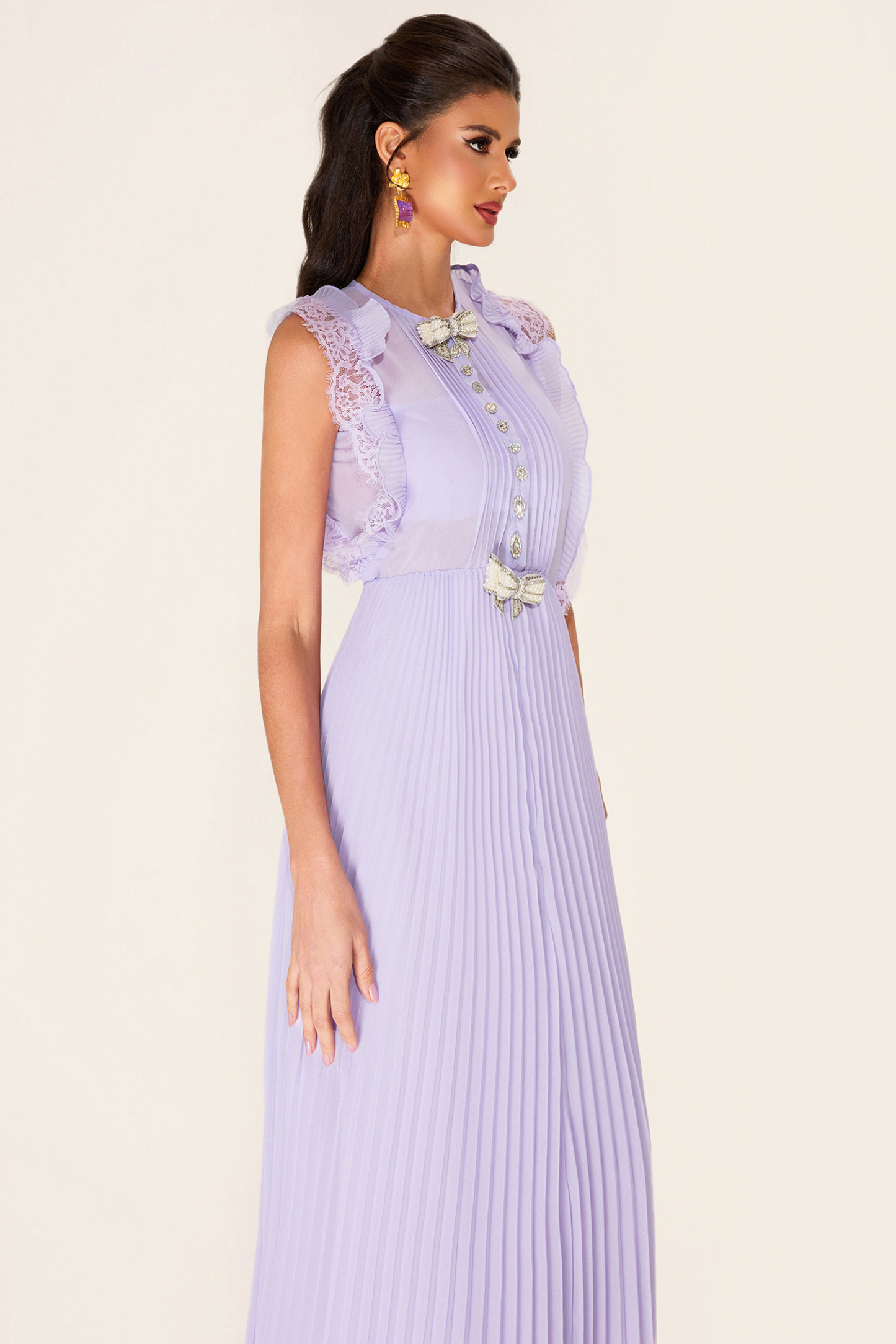 Rhinestone Bow Sleeveless Pleat Midi Dress