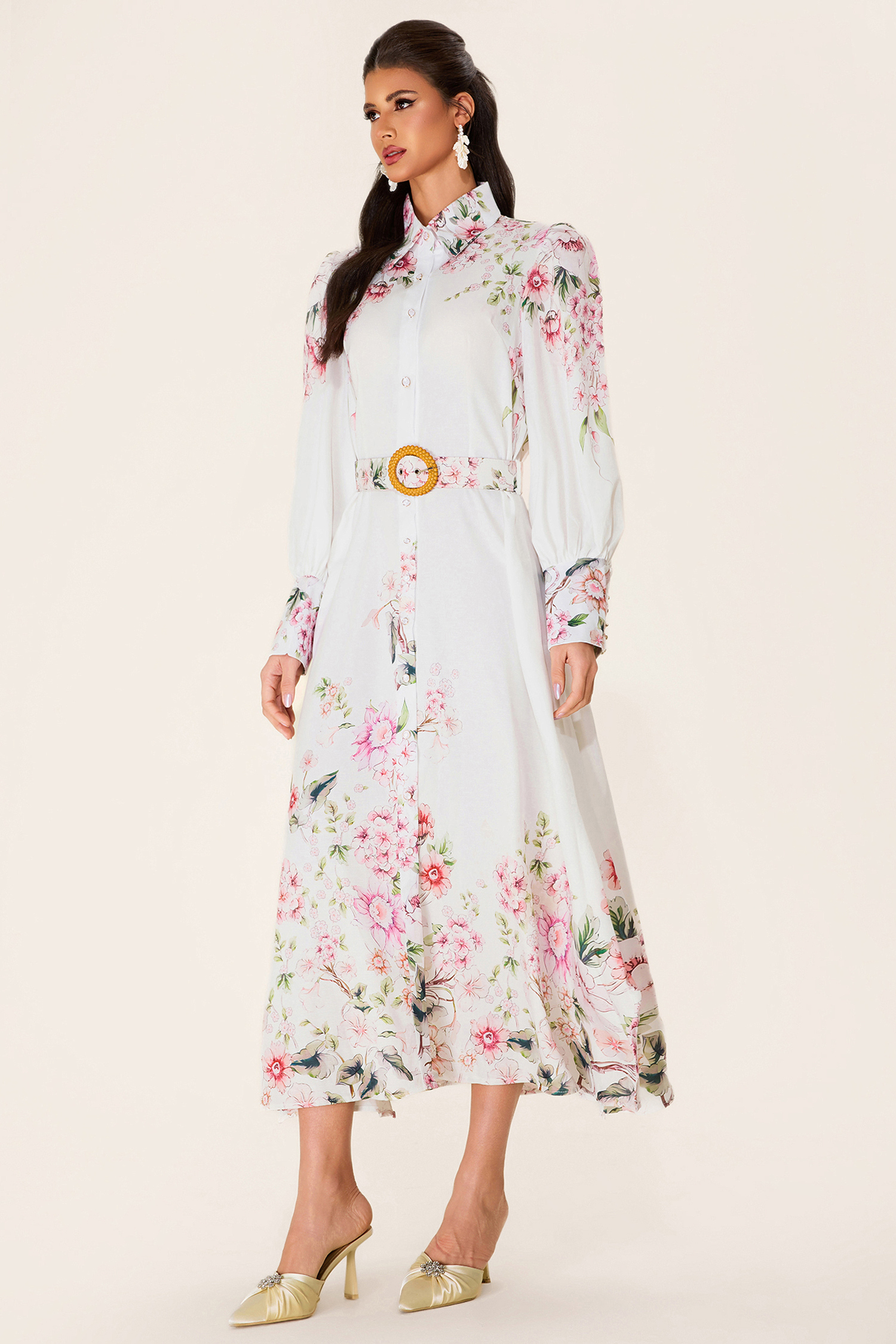 Floral Lantern Sleeve Midi Dress With Belt