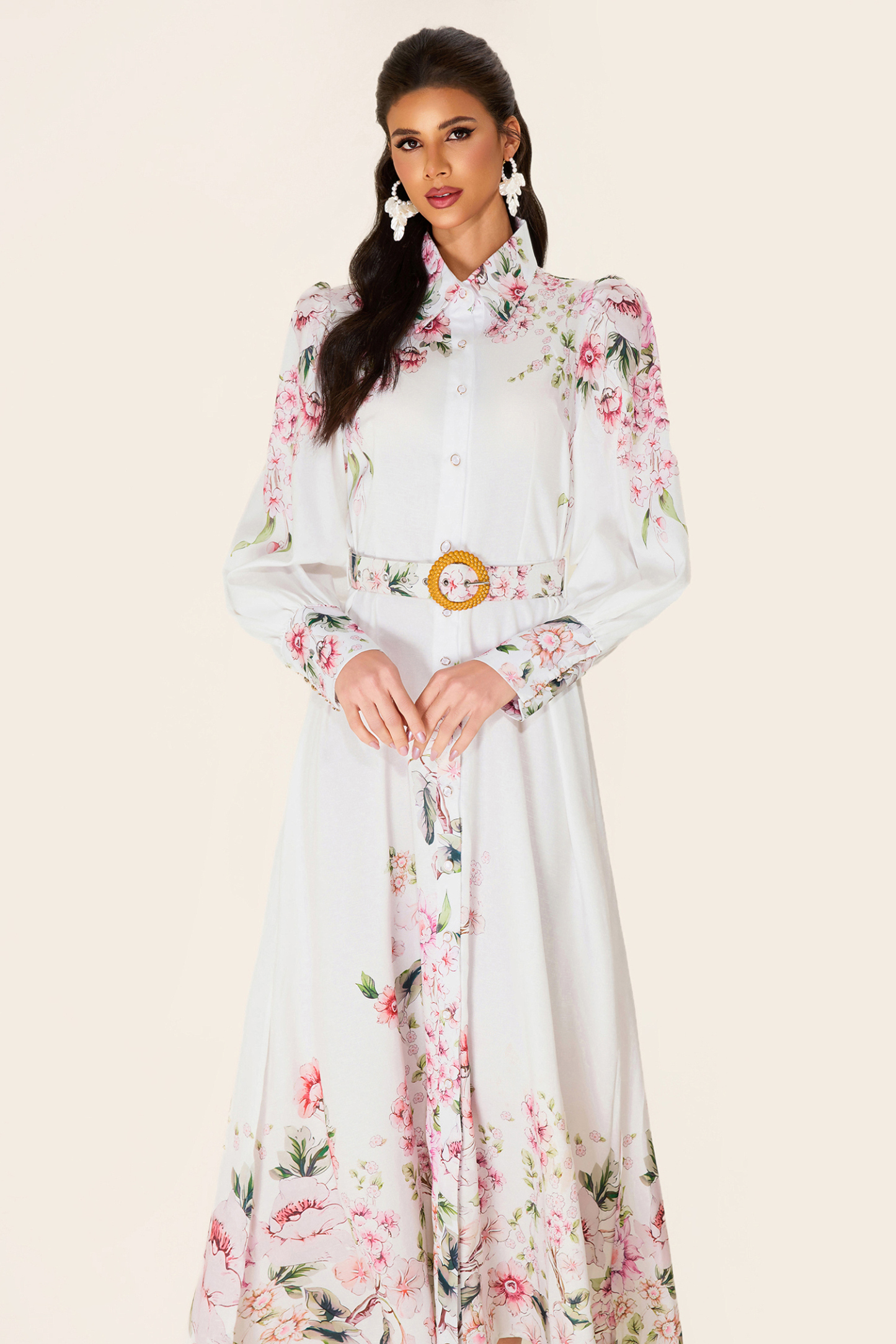 Floral Lantern Sleeve Midi Dress With Belt