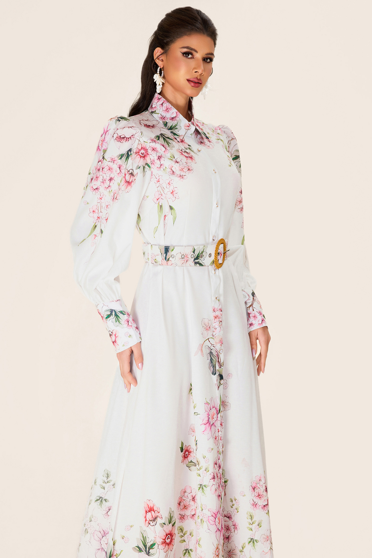 Floral Lantern Sleeve Midi Dress With Belt