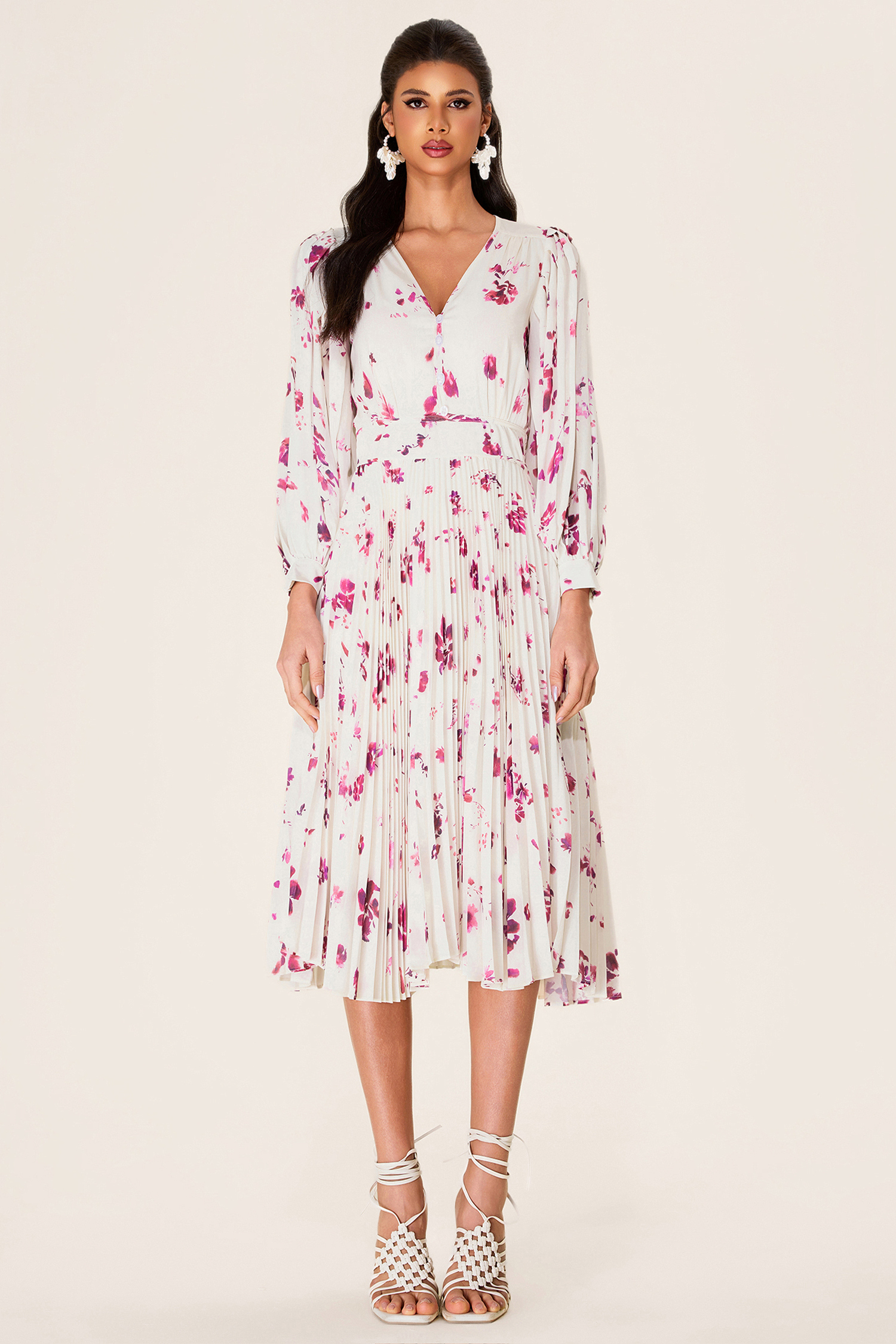 Chiffon Floral V-Neck Midi Dress