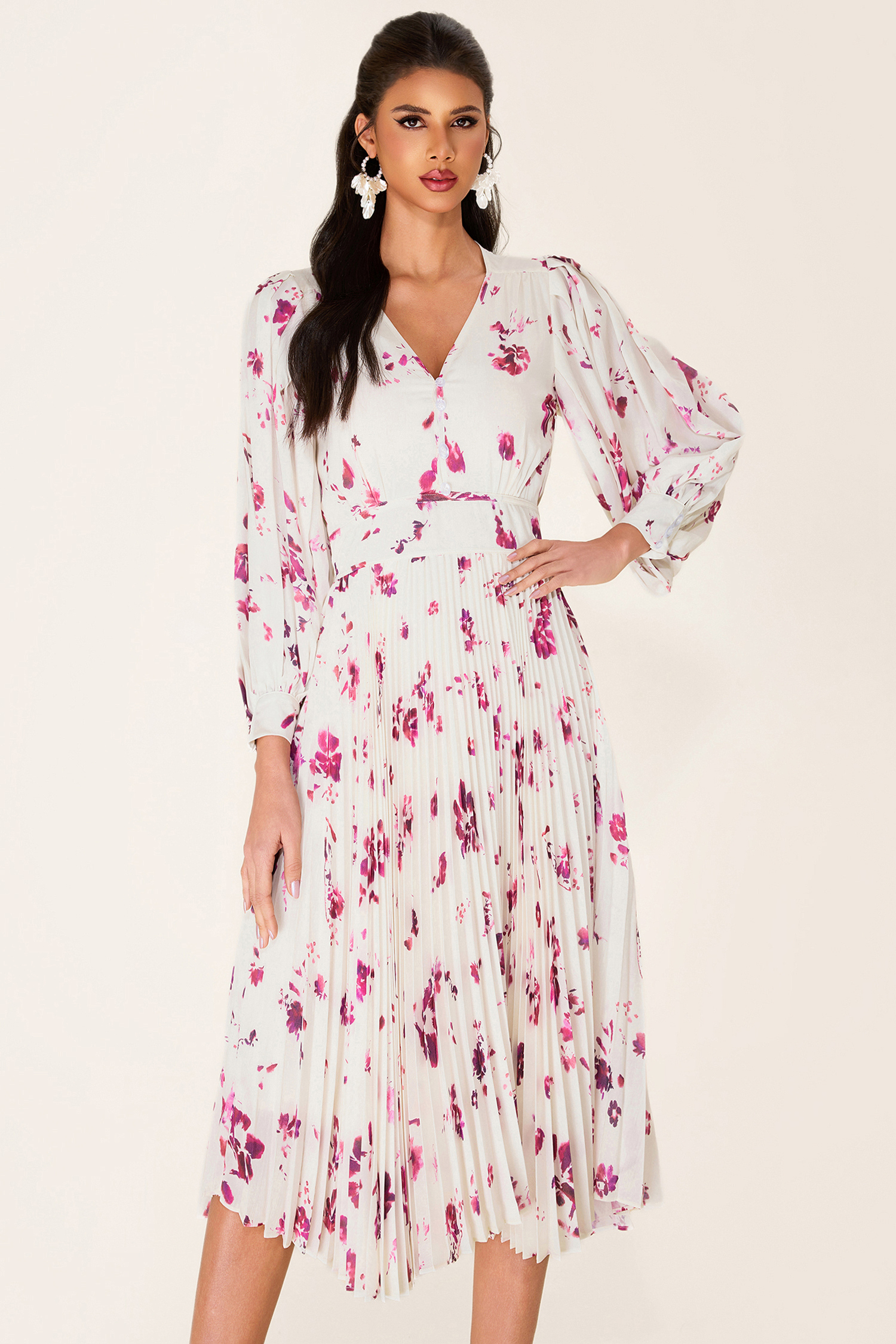 Chiffon Floral V-Neck Midi Dress