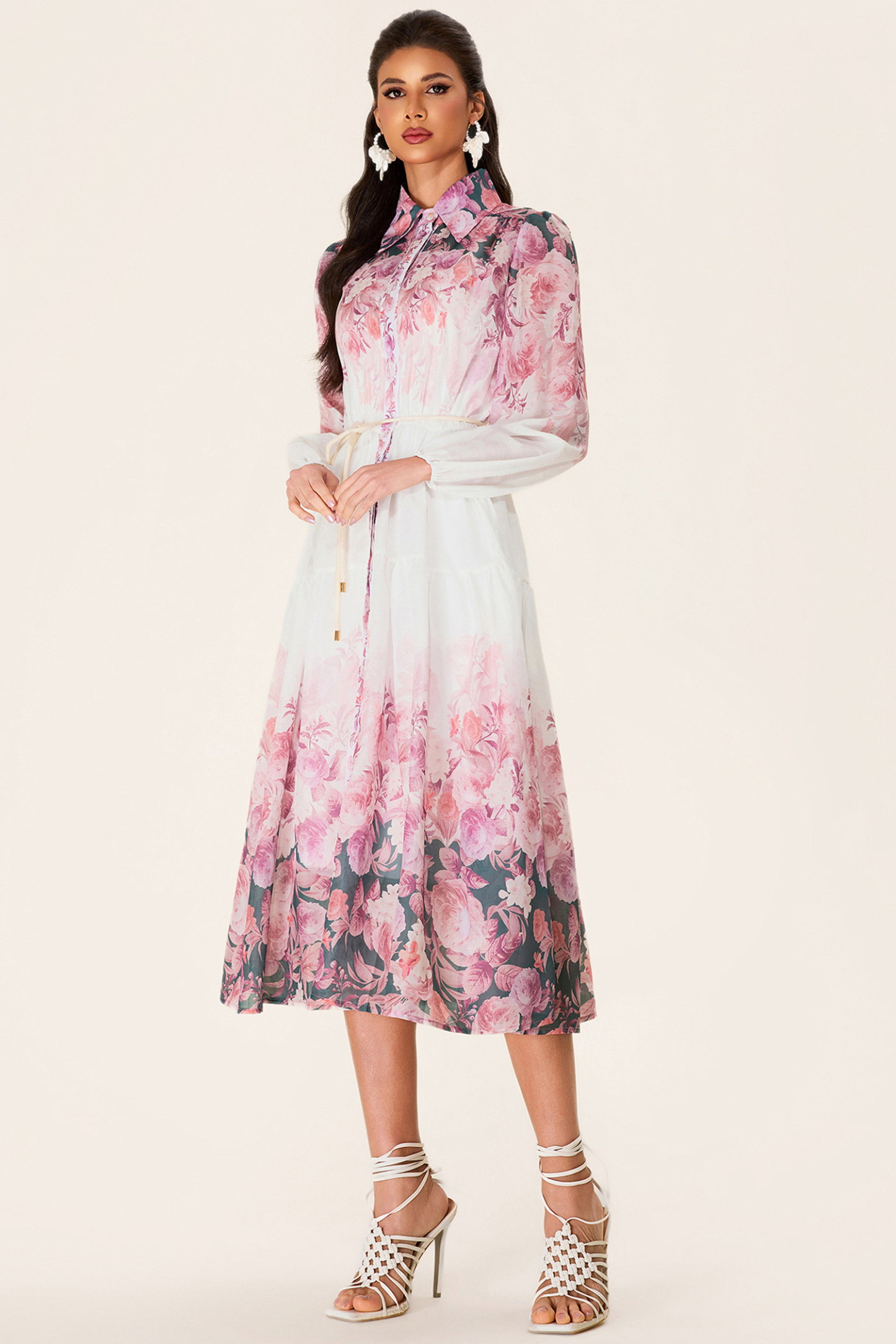 Floral Shirt Collar Long Sleeve Midi Dress