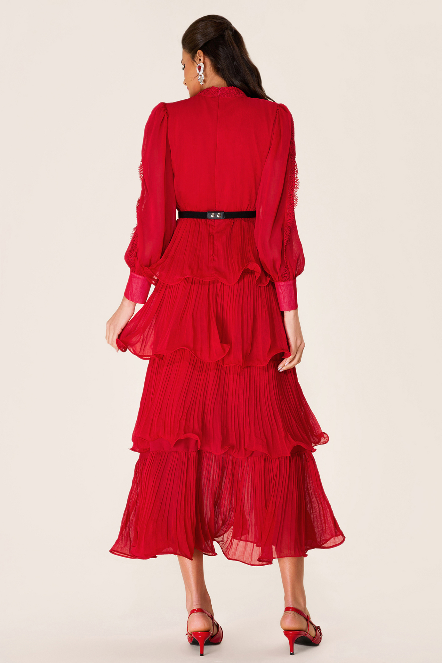 Solid Embroidered Ruffle Stand Collar Maxi Dress