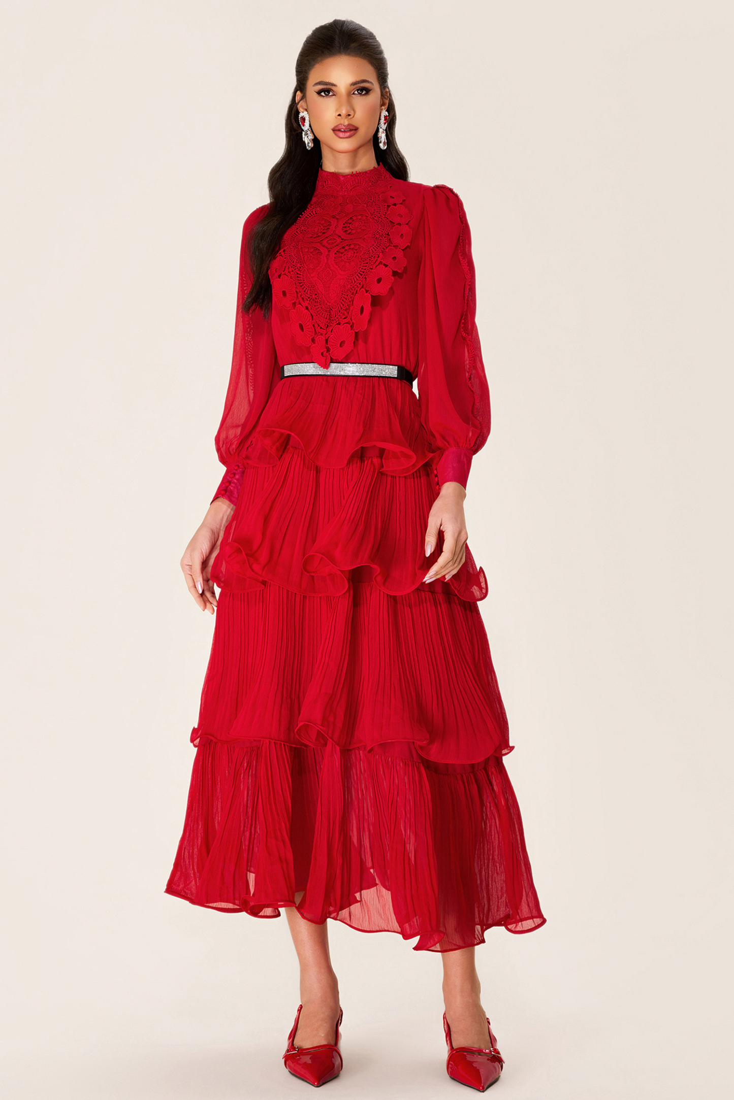 Solid Embroidered Ruffle Stand Collar Maxi Dress