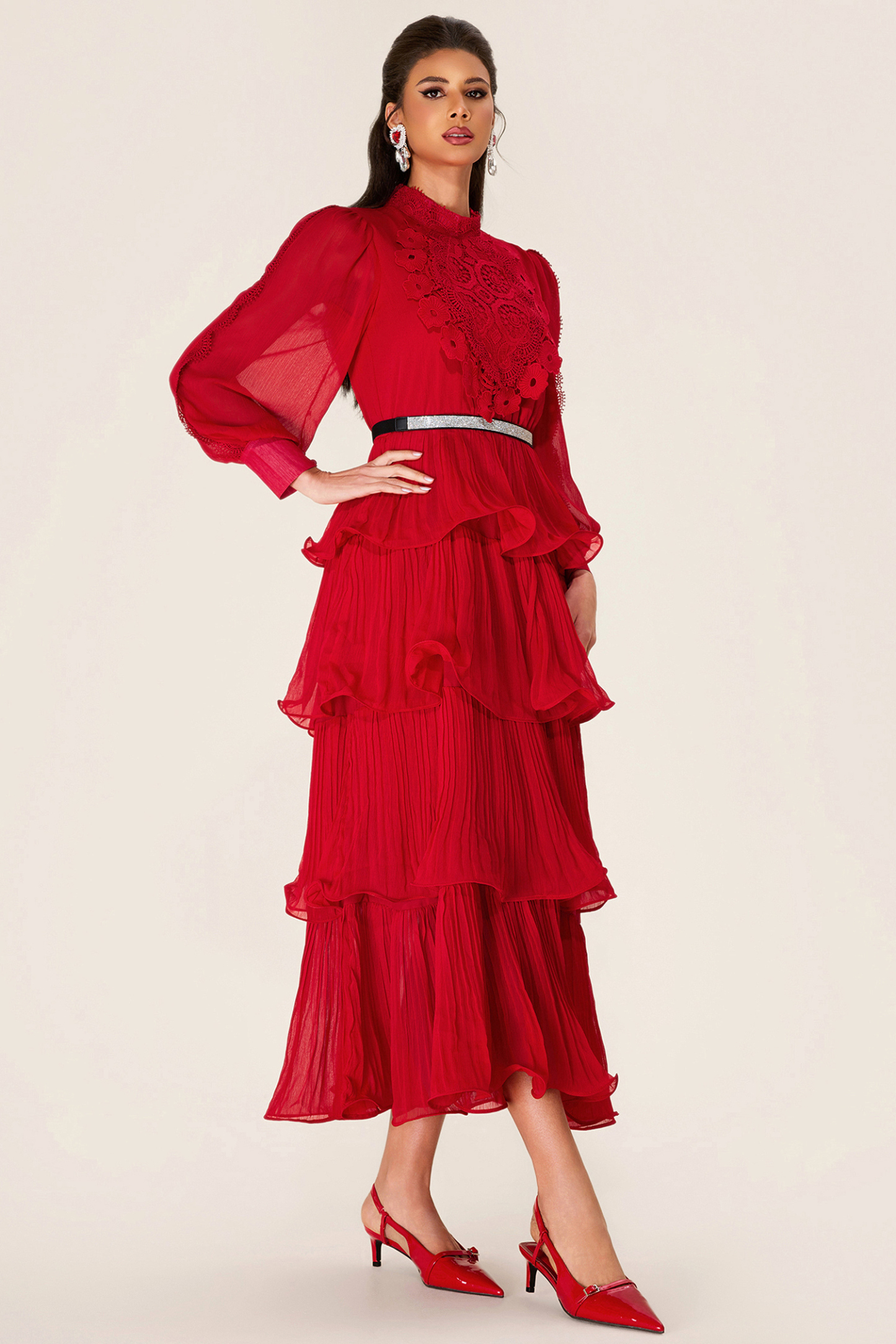 Solid Embroidered Ruffle Stand Collar Maxi Dress