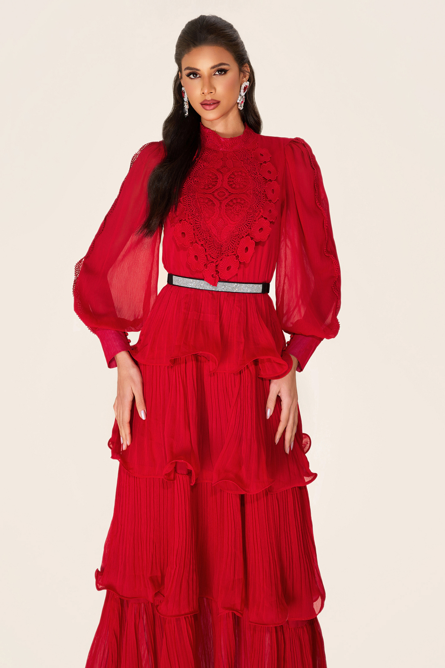 Solid Embroidered Ruffle Stand Collar Maxi Dress