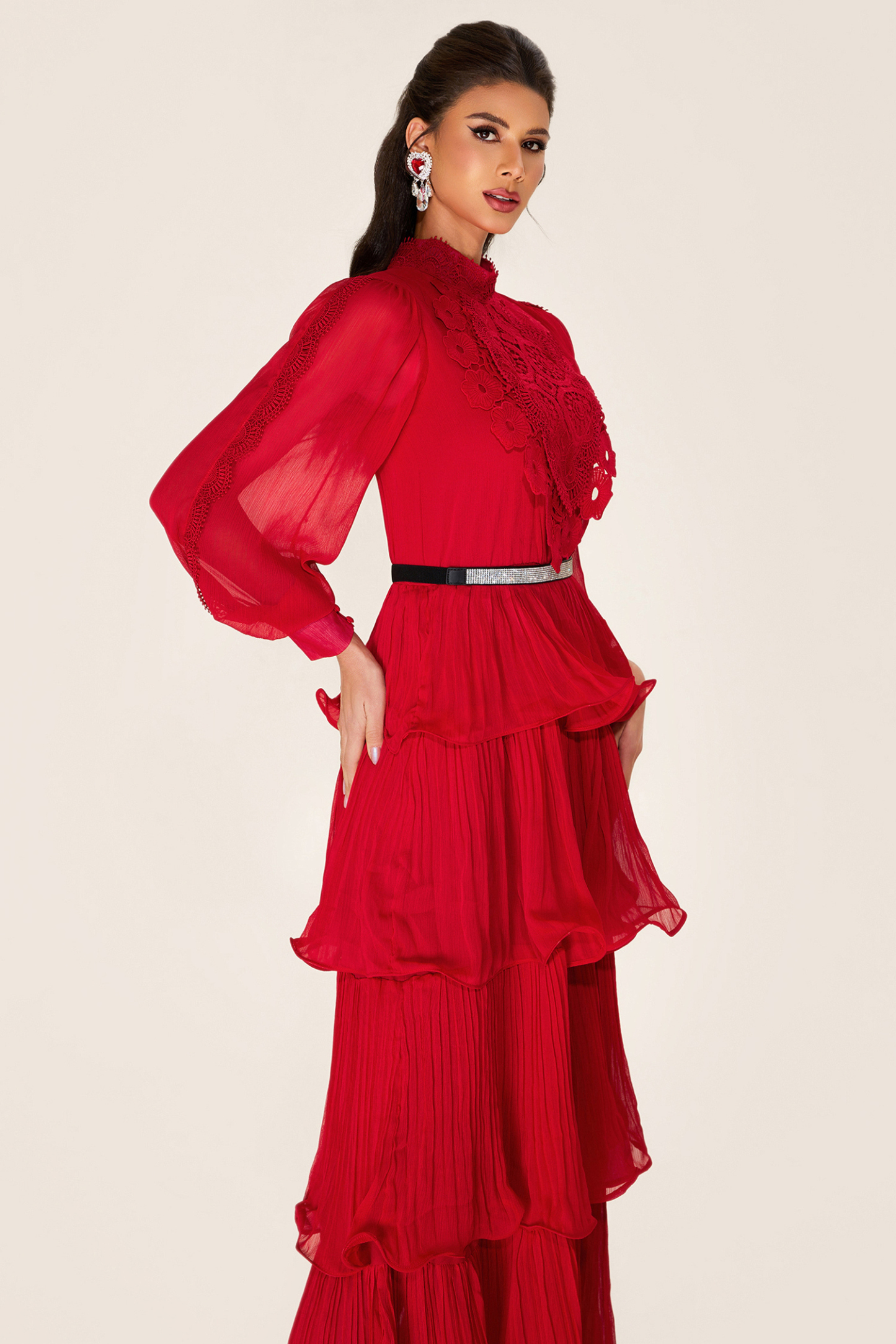Solid Embroidered Ruffle Stand Collar Maxi Dress