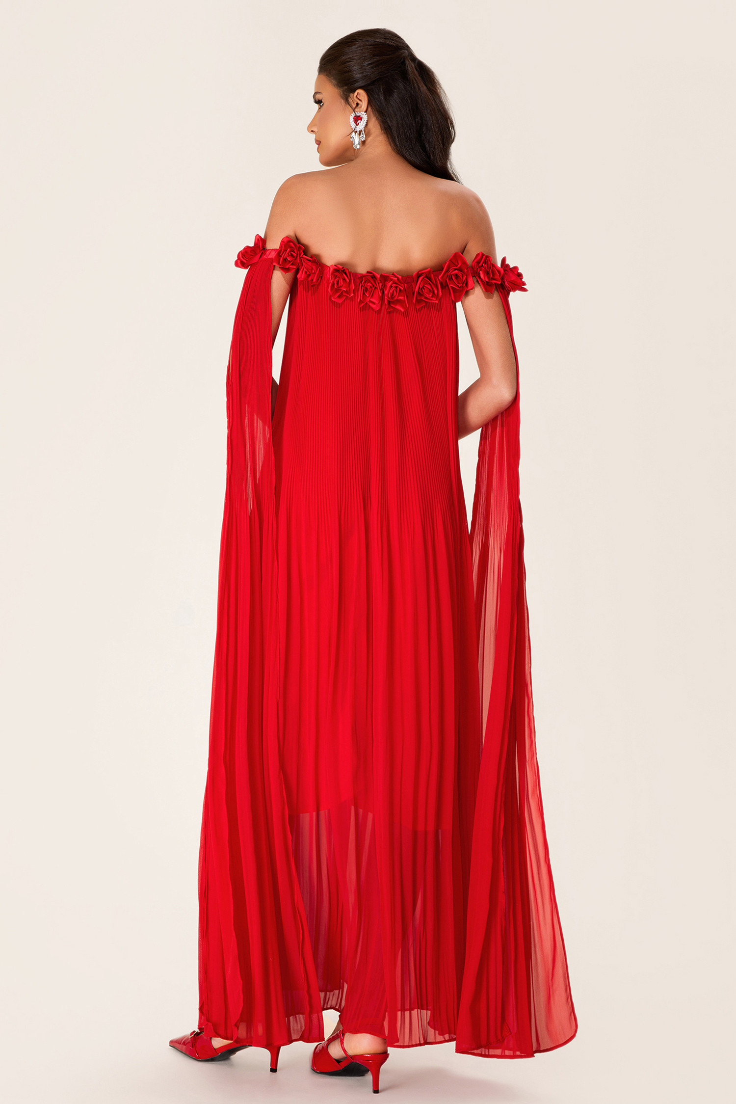 Solid 3D Floral Off-Shoulder Midi Dress