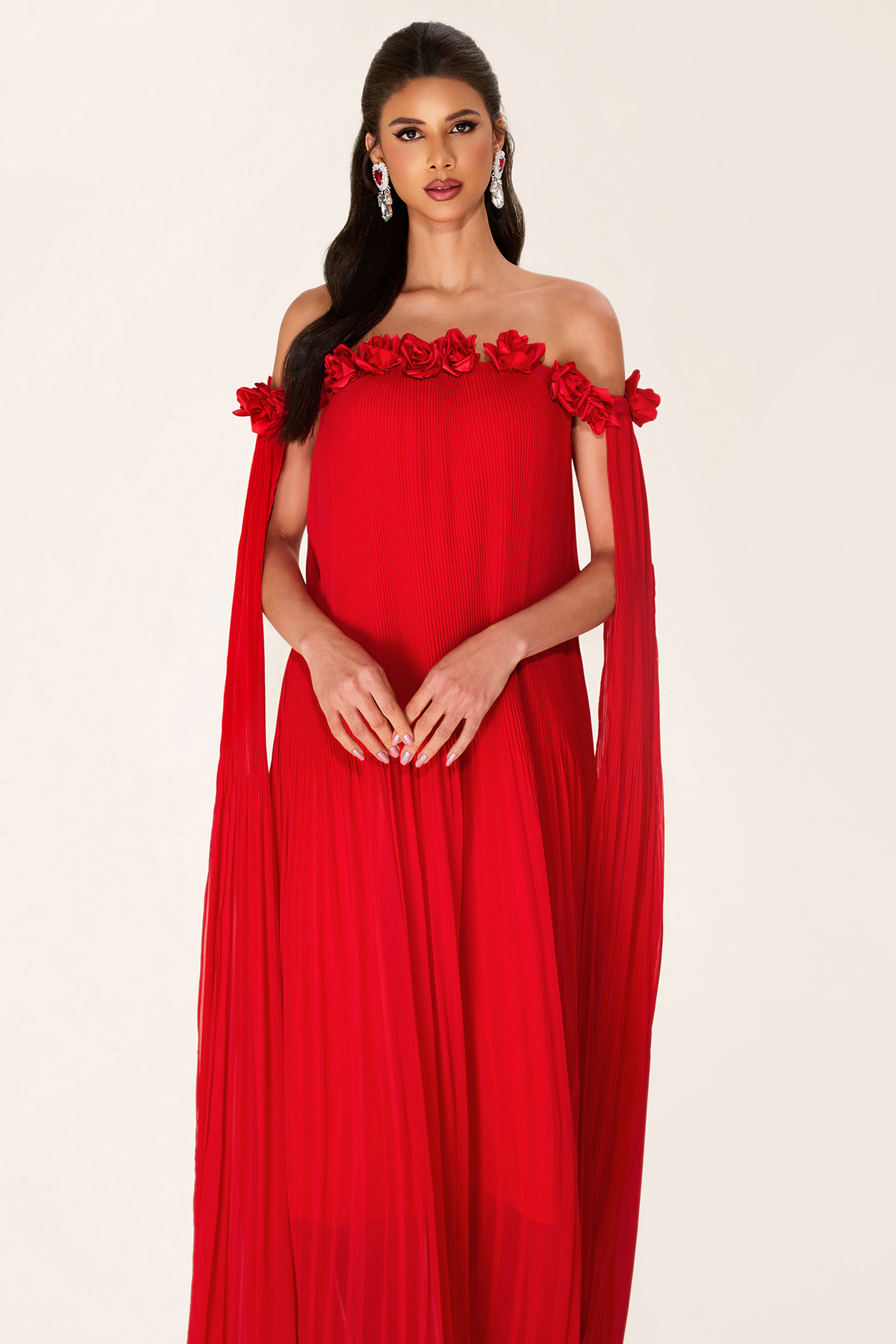 Solid 3D Floral Off-Shoulder Midi Dress