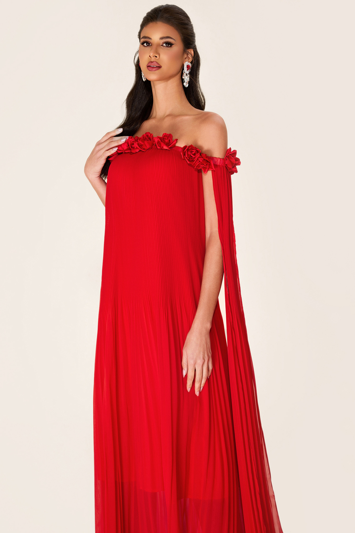 Solid 3D Floral Off-Shoulder Midi Dress