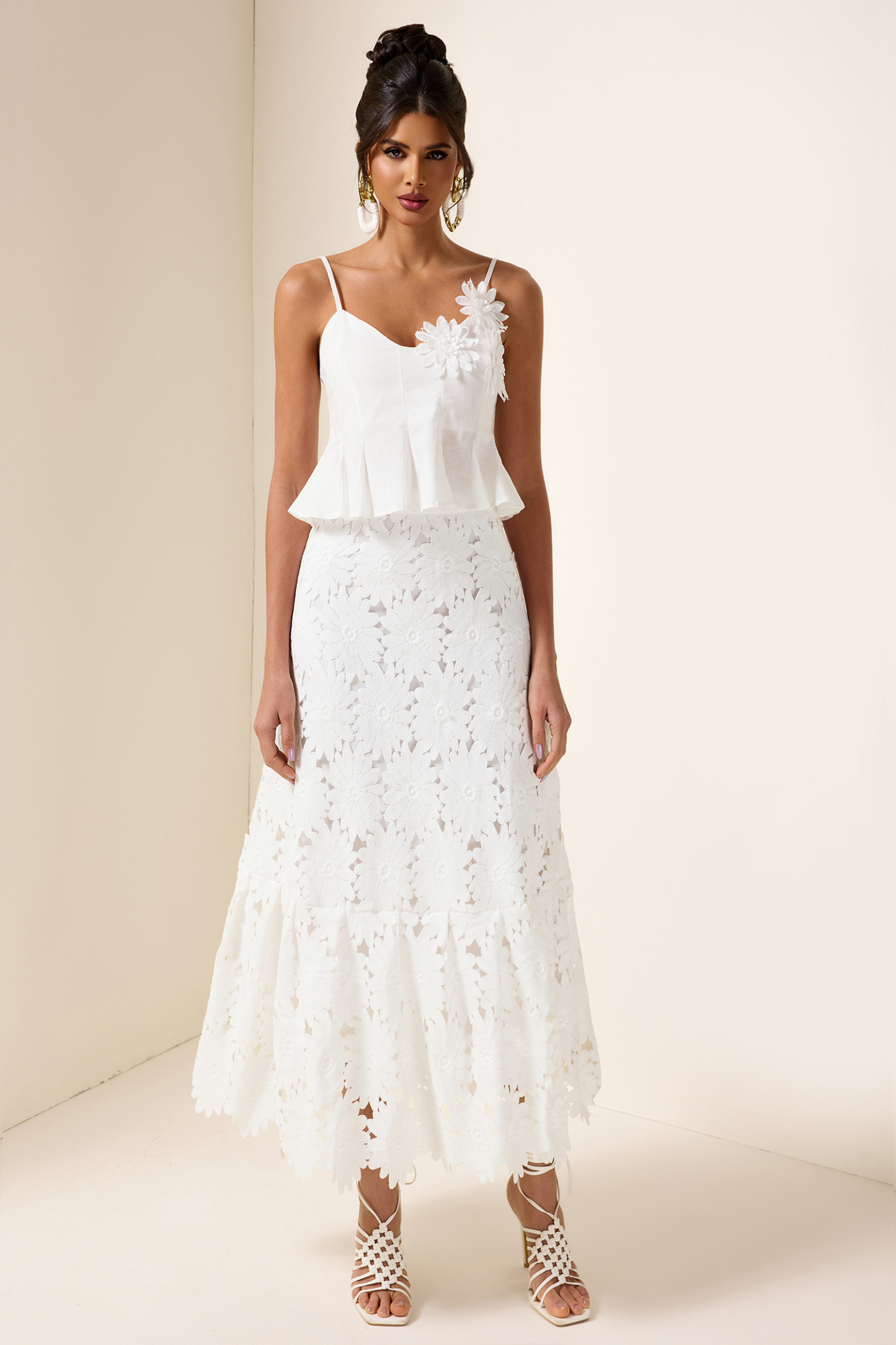 3D Floral Top & High Waist Embroidered Skirt Set