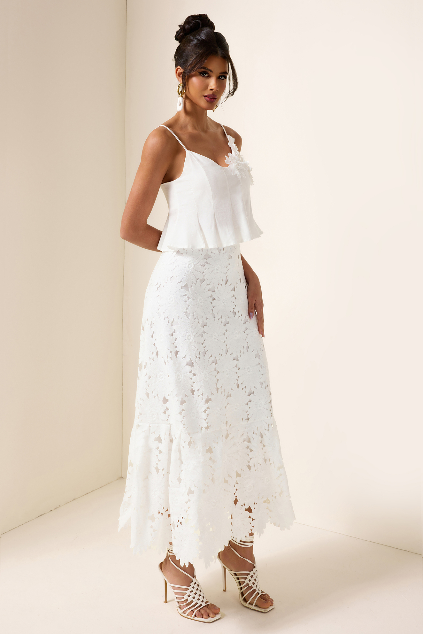 3D Floral Top & High Waist Embroidered Skirt Set