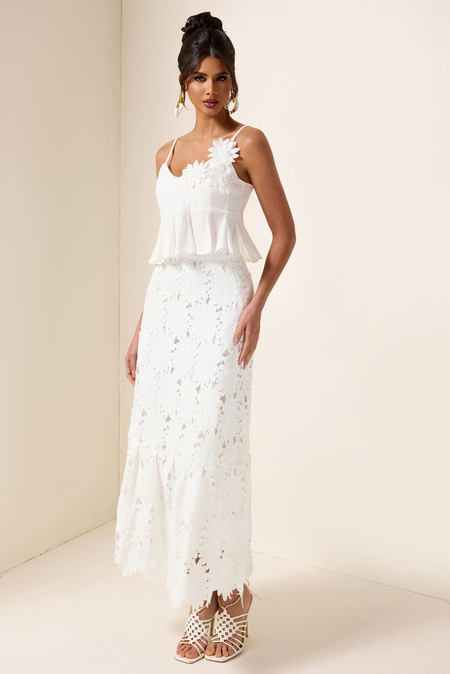 3D Floral Top & High Waist Embroidered Skirt Set