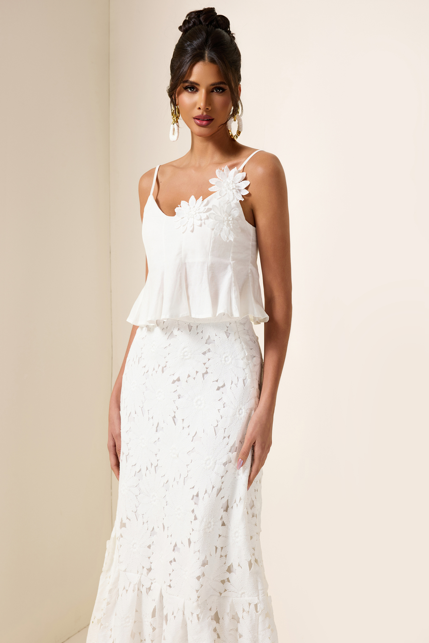 3D Floral Top & High Waist Embroidered Skirt Set