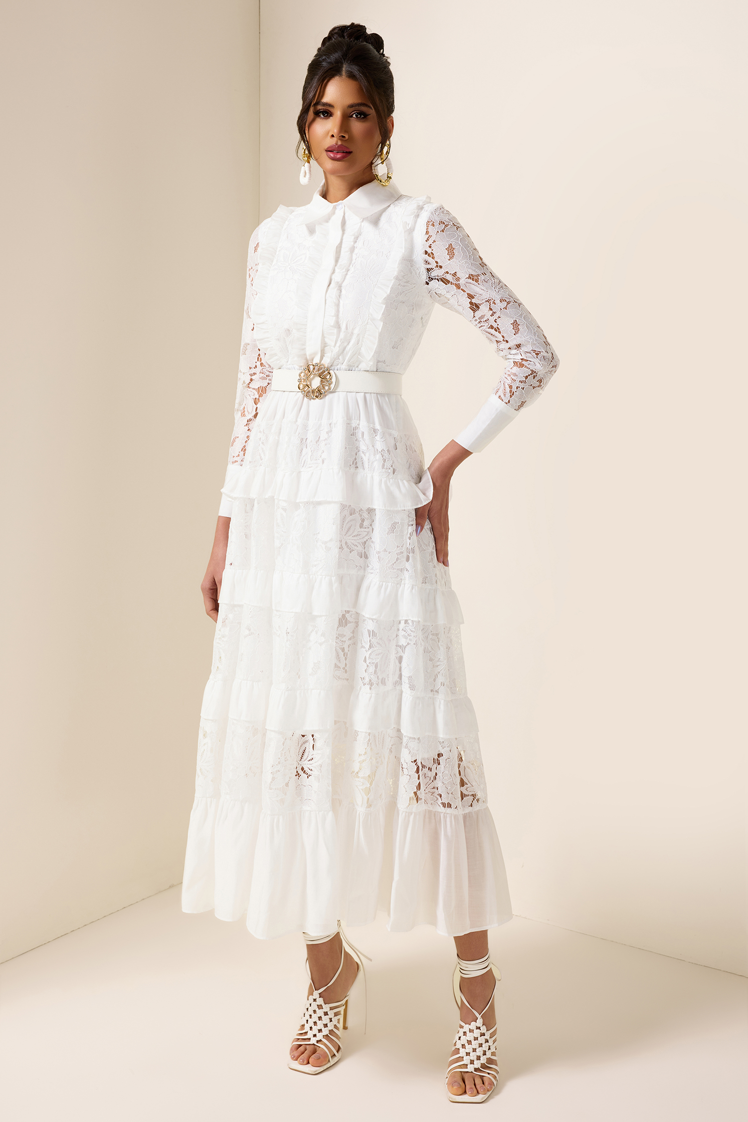 Lace Solid Frill Midi Dress With Belt