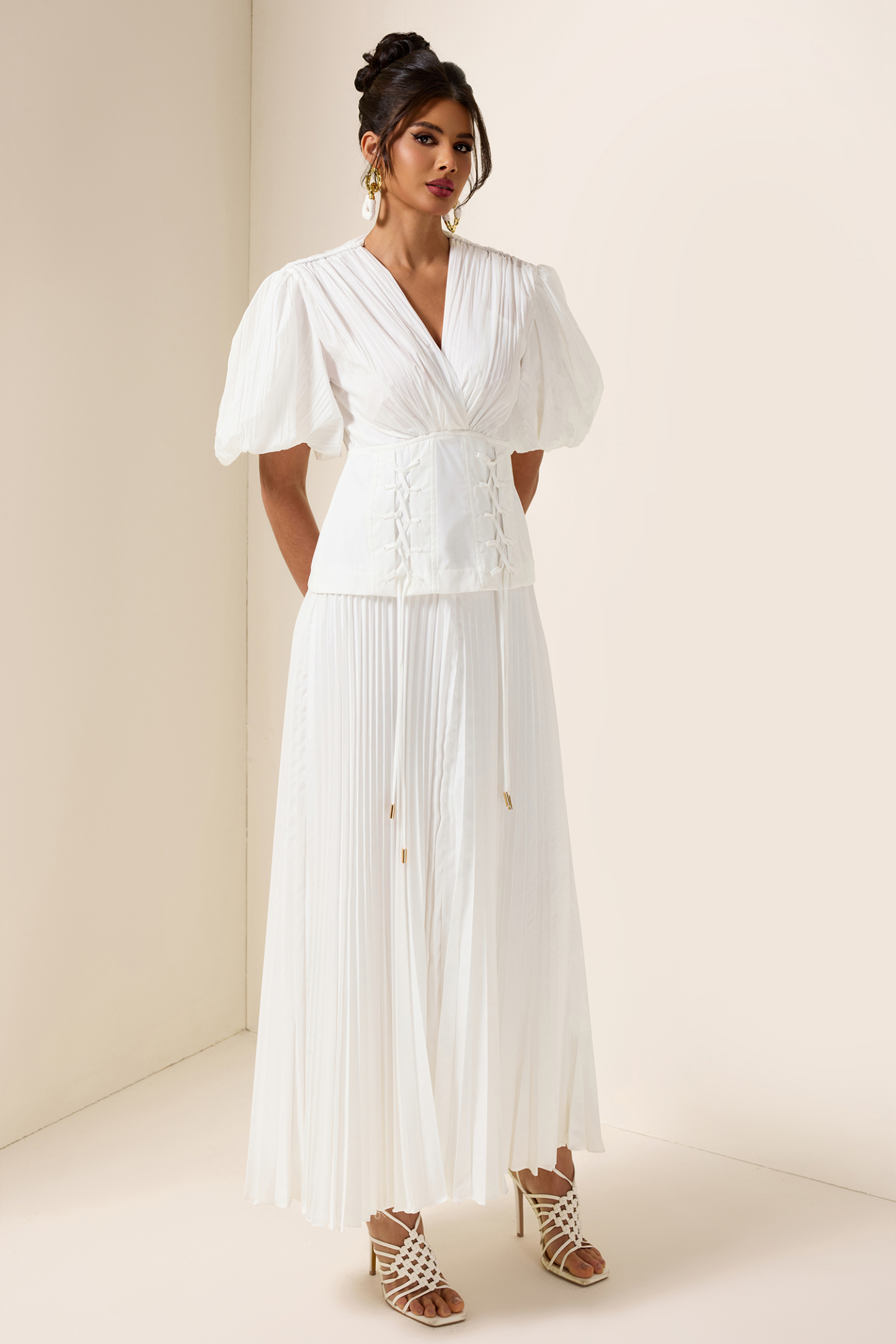 Solid Pleated Lace Up Midi Dress