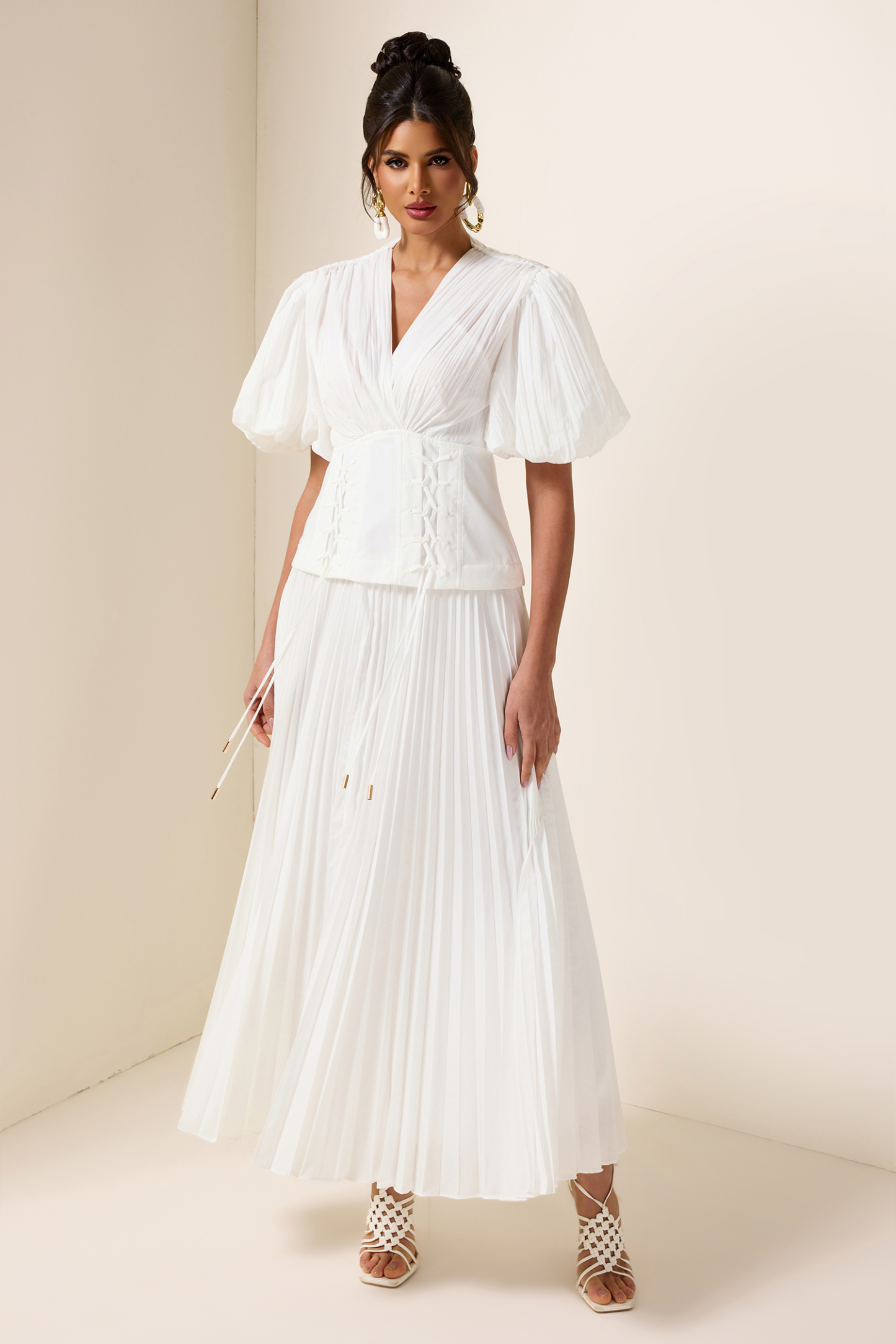 Solid Pleated Lace Up Midi Dress