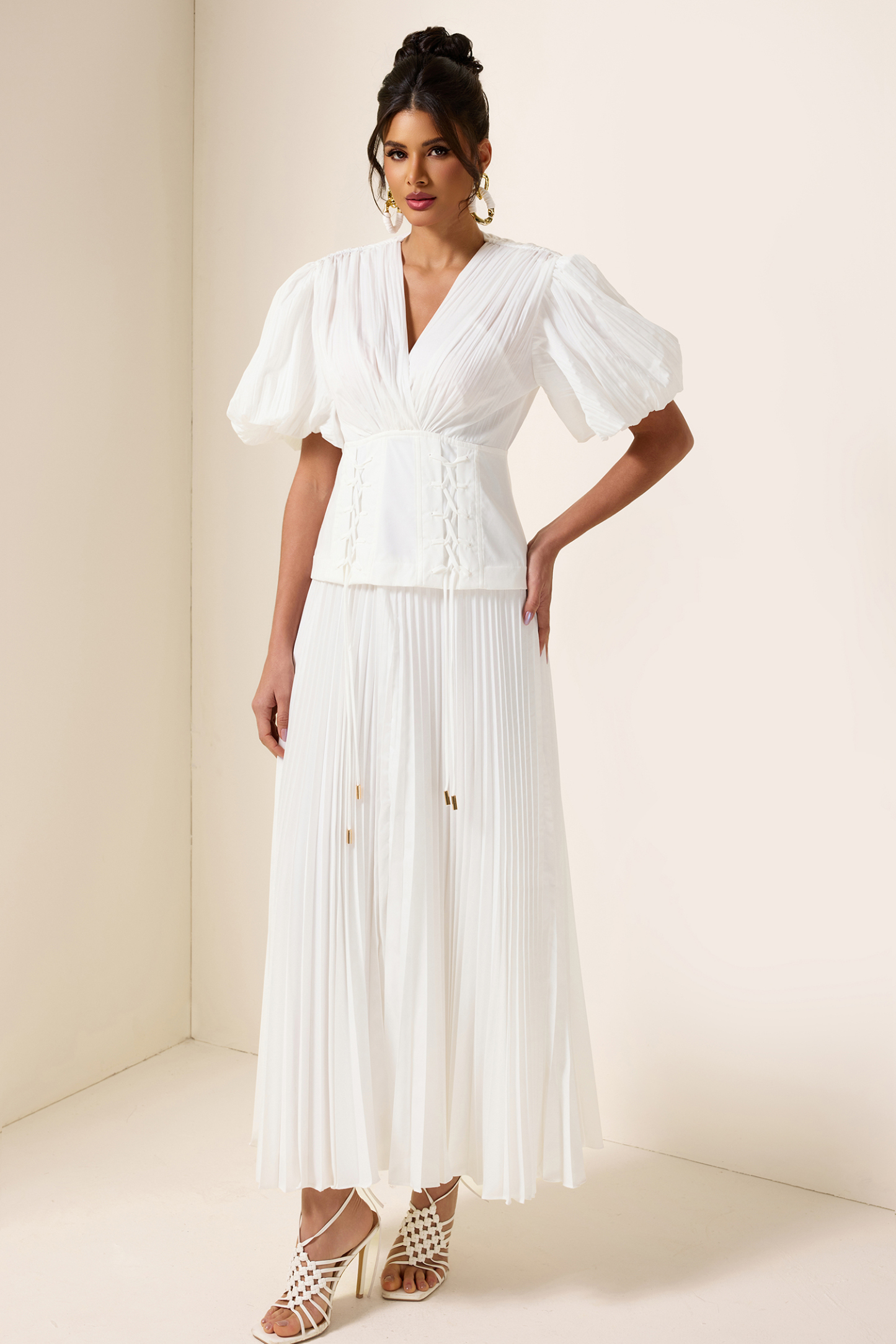 Solid Pleated Lace Up Midi Dress