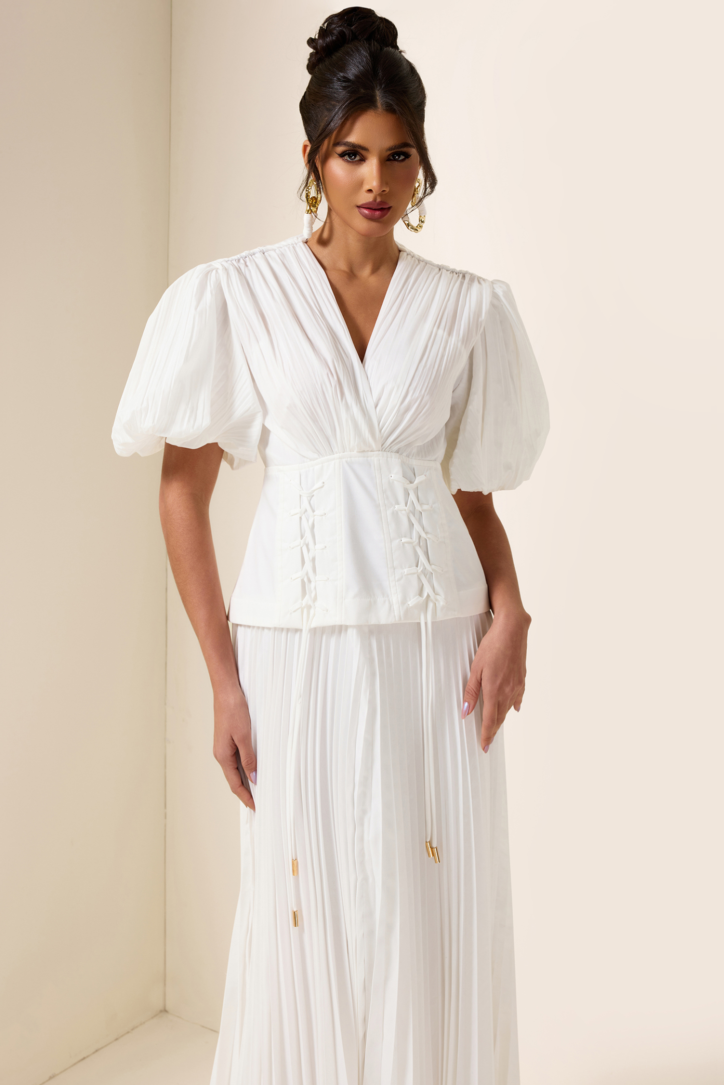Solid Pleated Lace Up Midi Dress