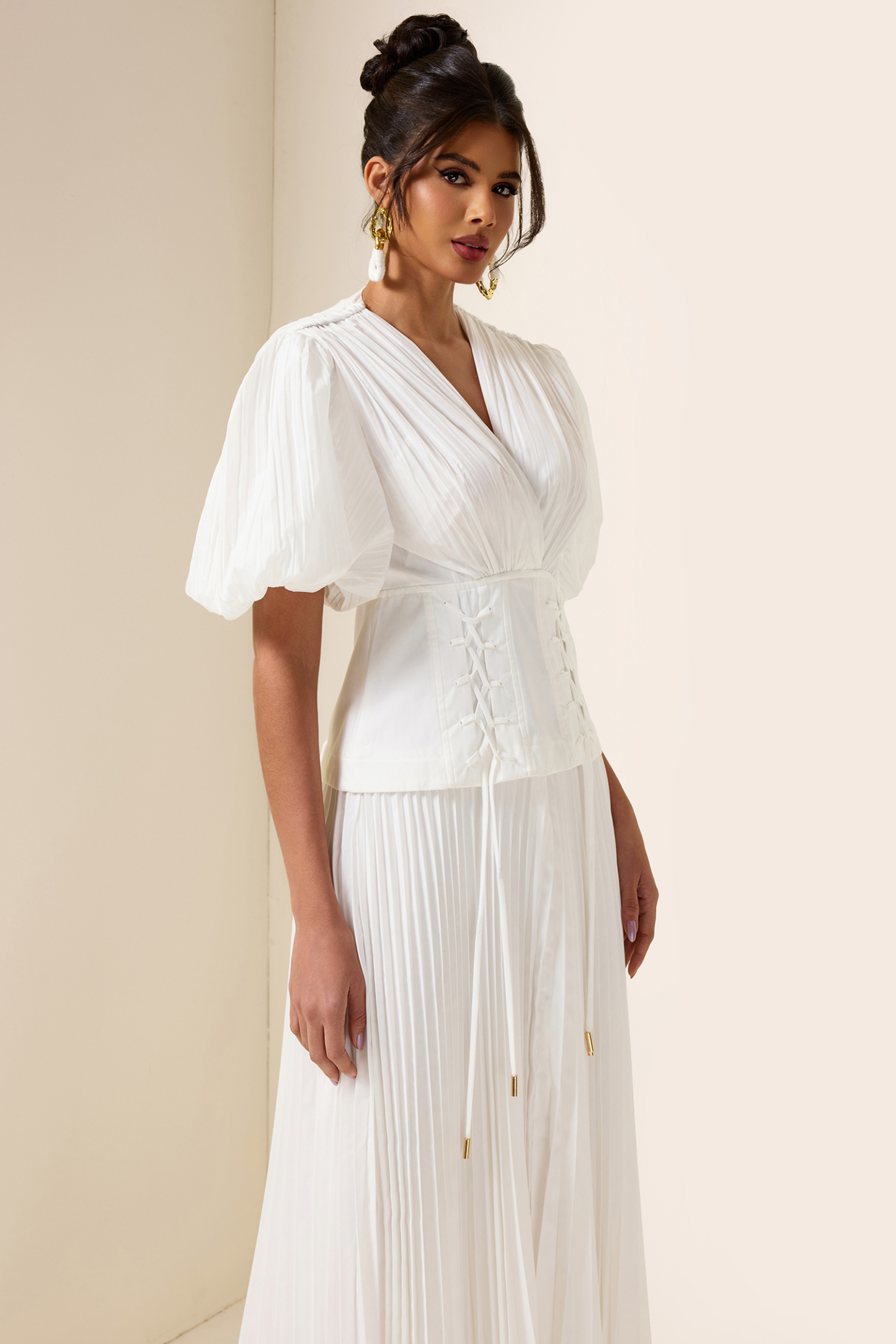 Solid Pleated Lace Up Midi Dress