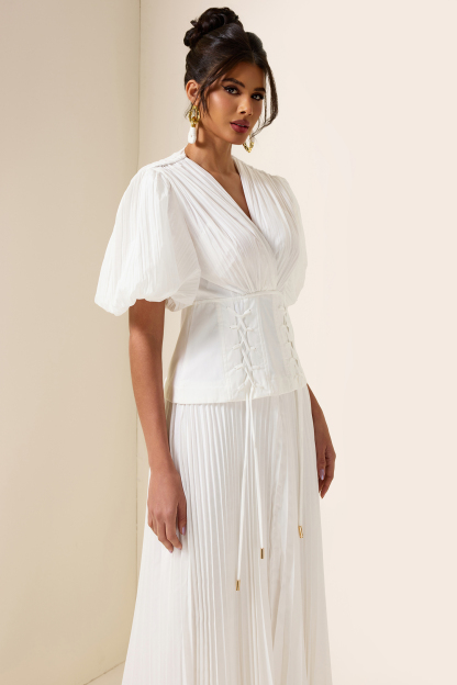 Solid Pleated Lace Up Midi Dress