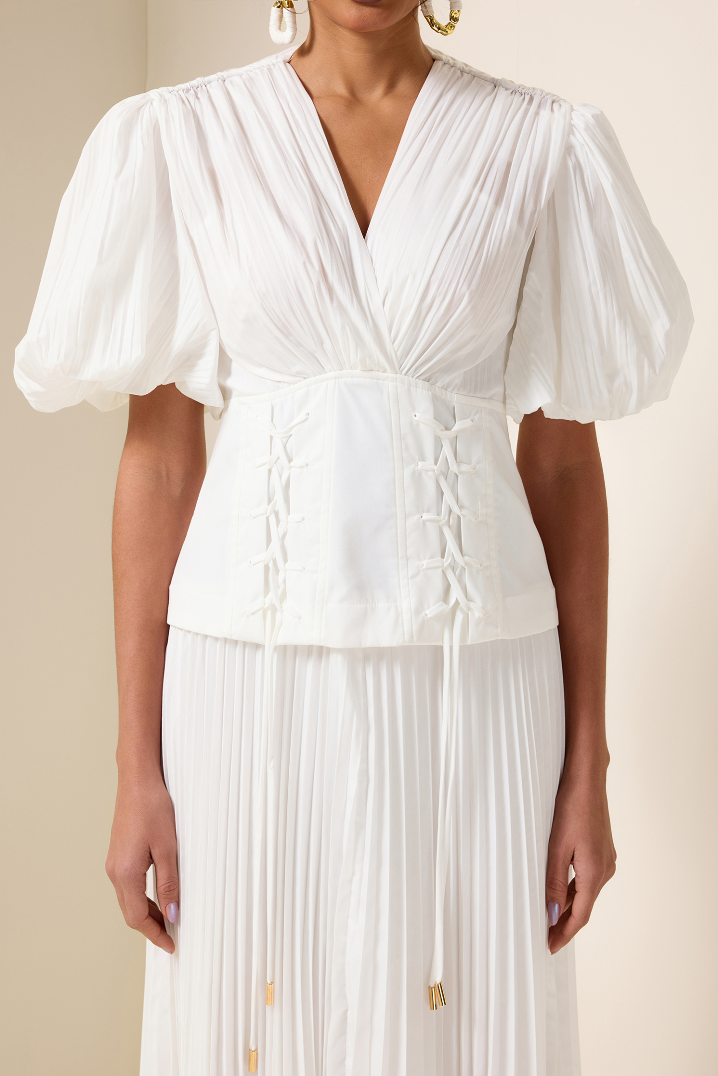 Solid Pleated Lace Up Midi Dress