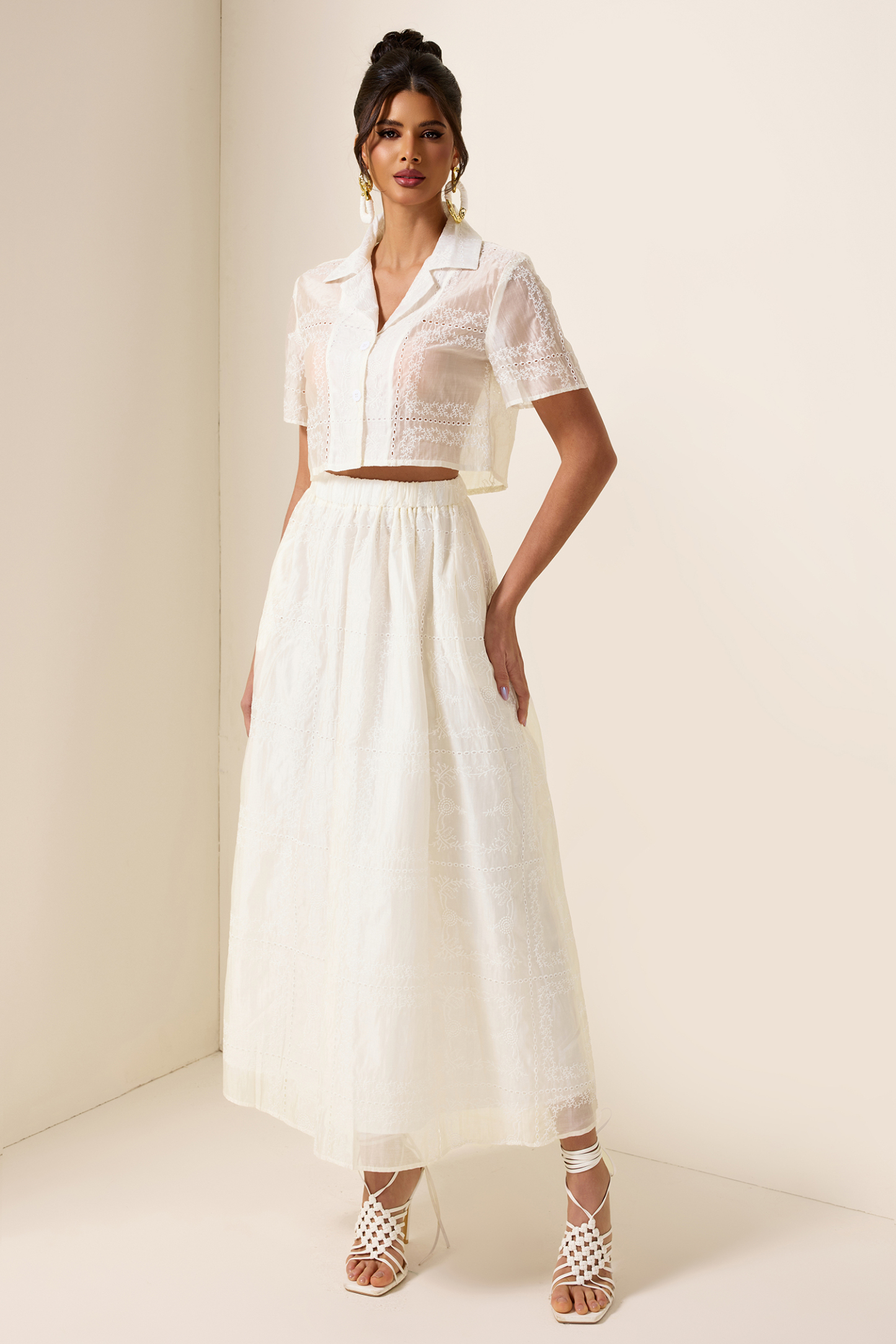Solid Embroidred Top & Mid Waist Embroidered Skirt Set