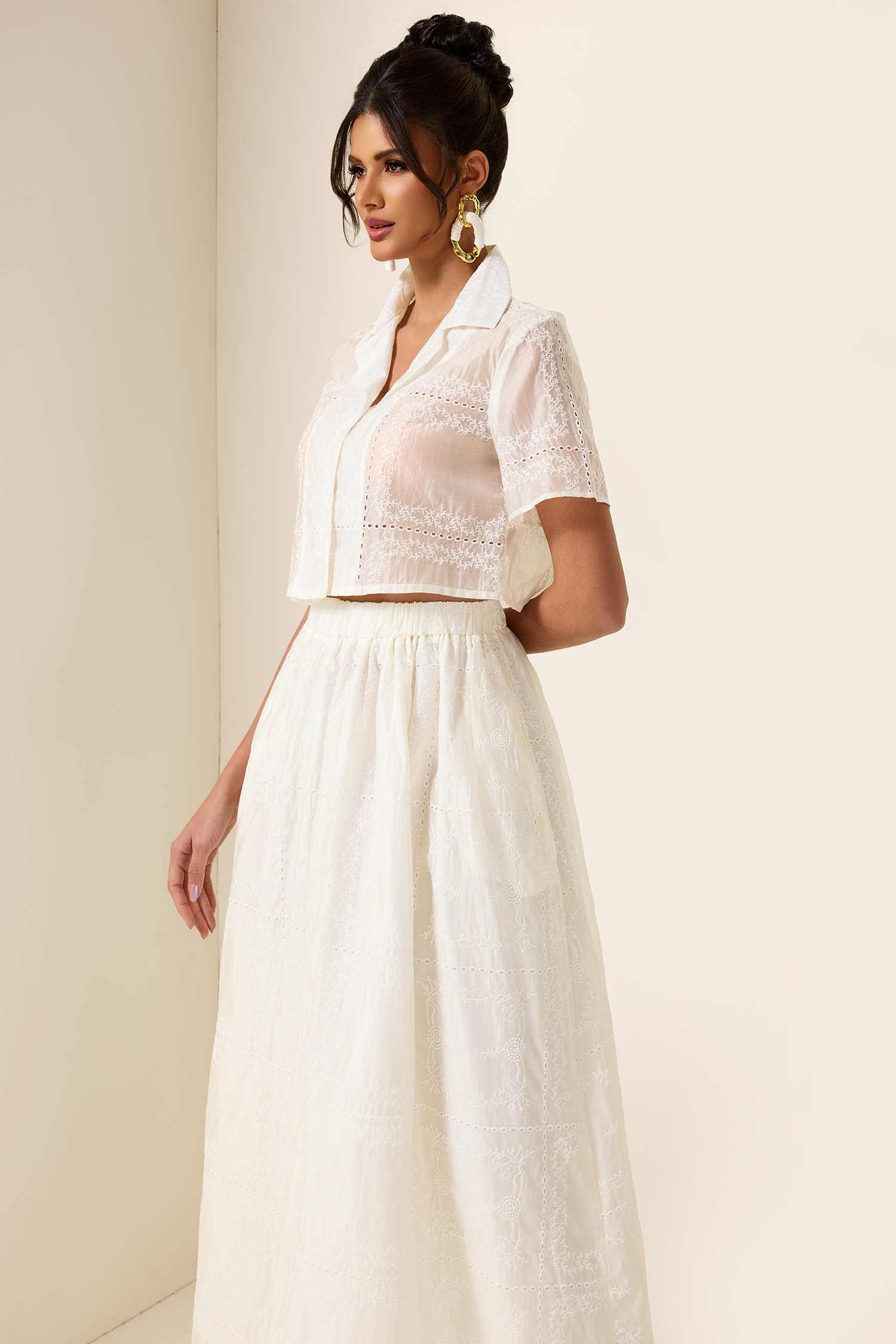 Solid Embroidred Top & Mid Waist Embroidered Skirt Set