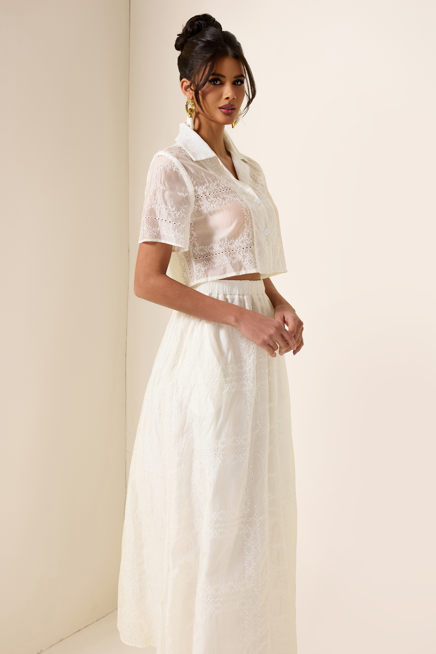 Solid Embroidred Top & Mid Waist Embroidered Skirt Set