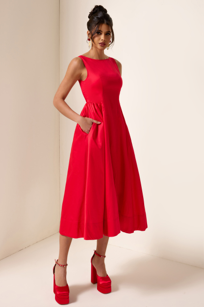 Solid Sleeveless Pocket Midi Dress