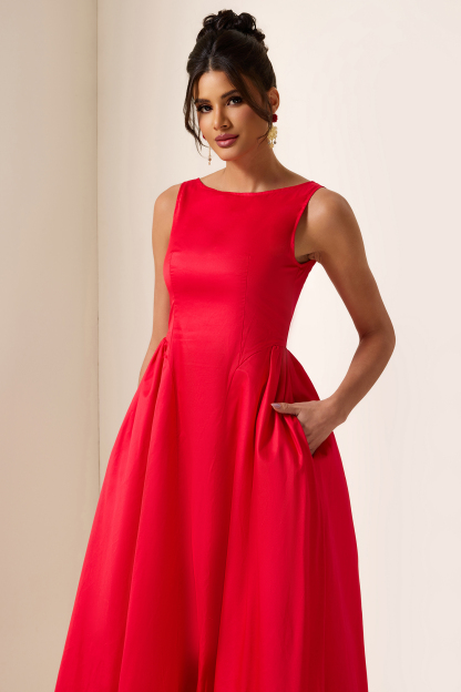 Solid Sleeveless Pocket Midi Dress
