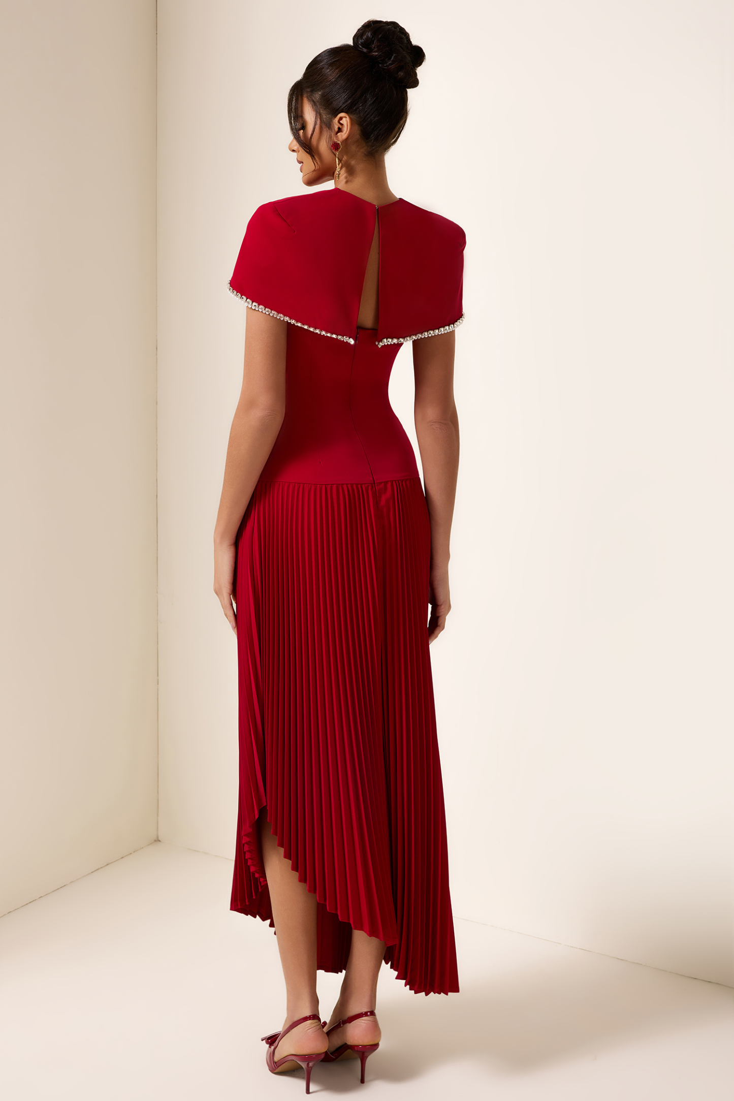 Strapless Pleat Diagonal Midi Dress With Rhinestone Cape