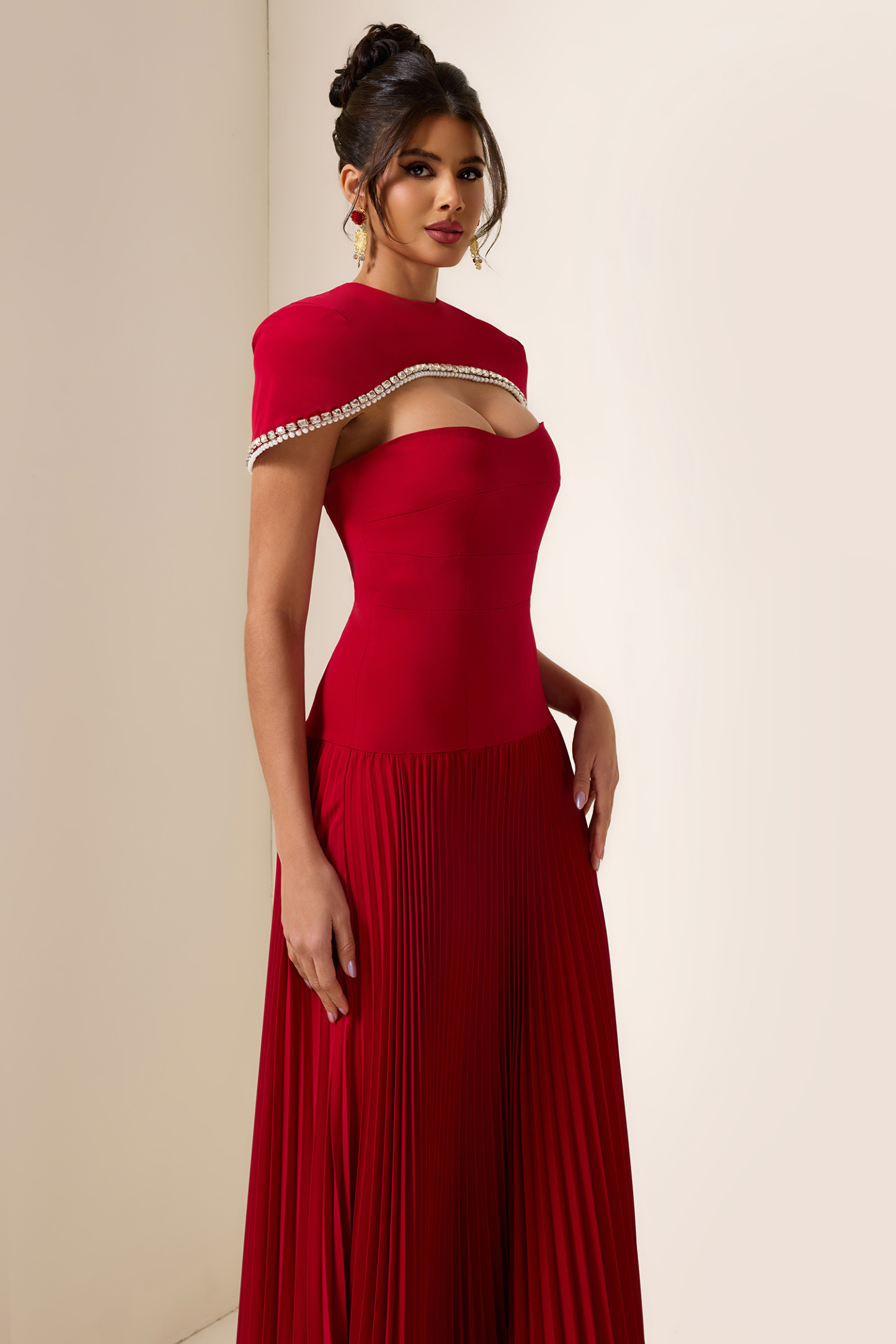 Strapless Pleat Diagonal Midi Dress With Rhinestone Cape