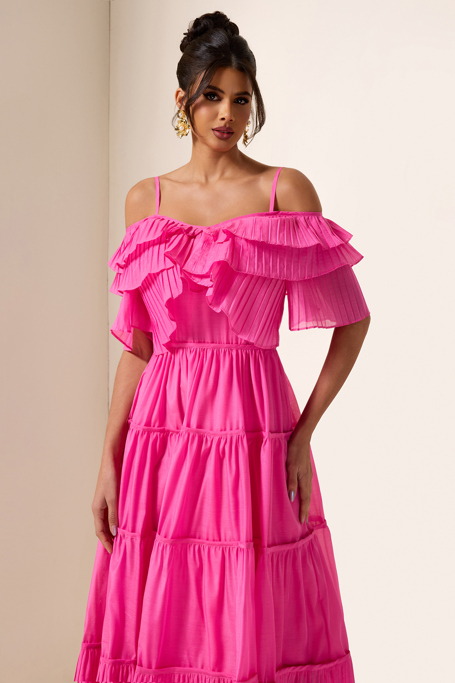 Solid Ruffle Pleat Midi Dress