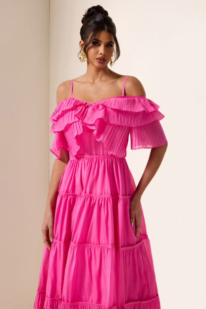 Solid Ruffle Pleat Midi Dress