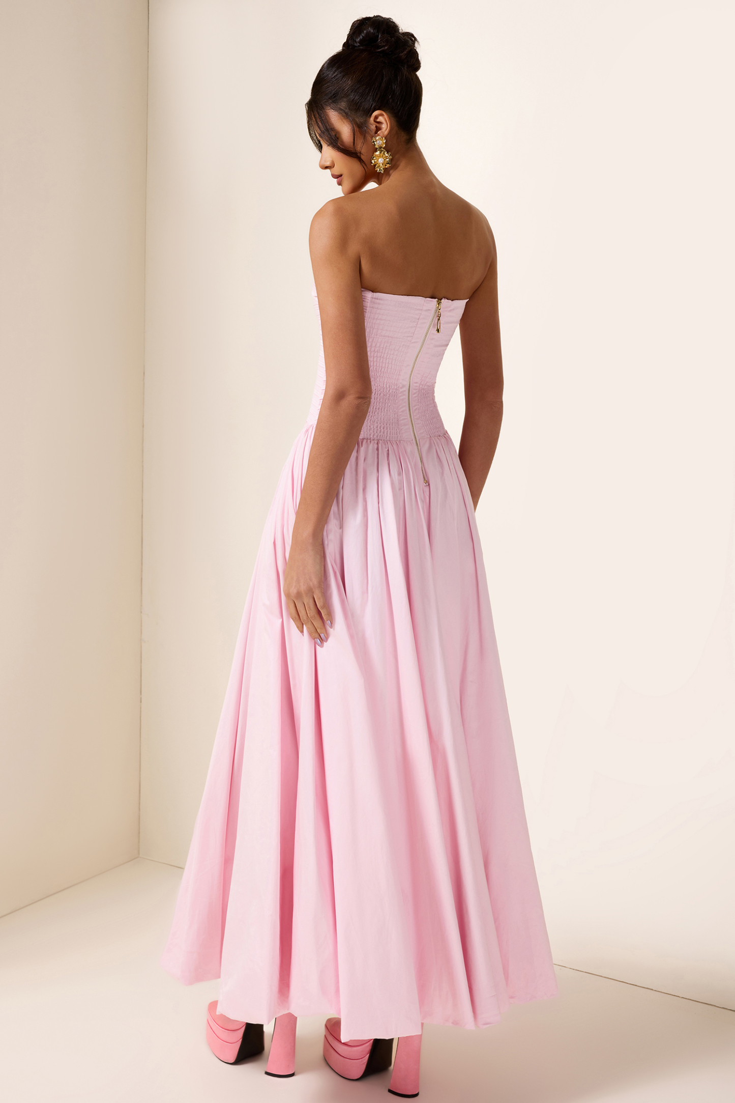Off-Shoulder Pleat Split Solid Maxi Dress