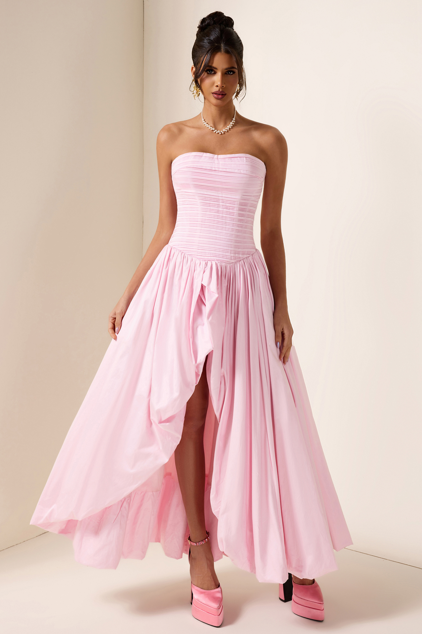 Off-Shoulder Pleat Split Solid Maxi Dress