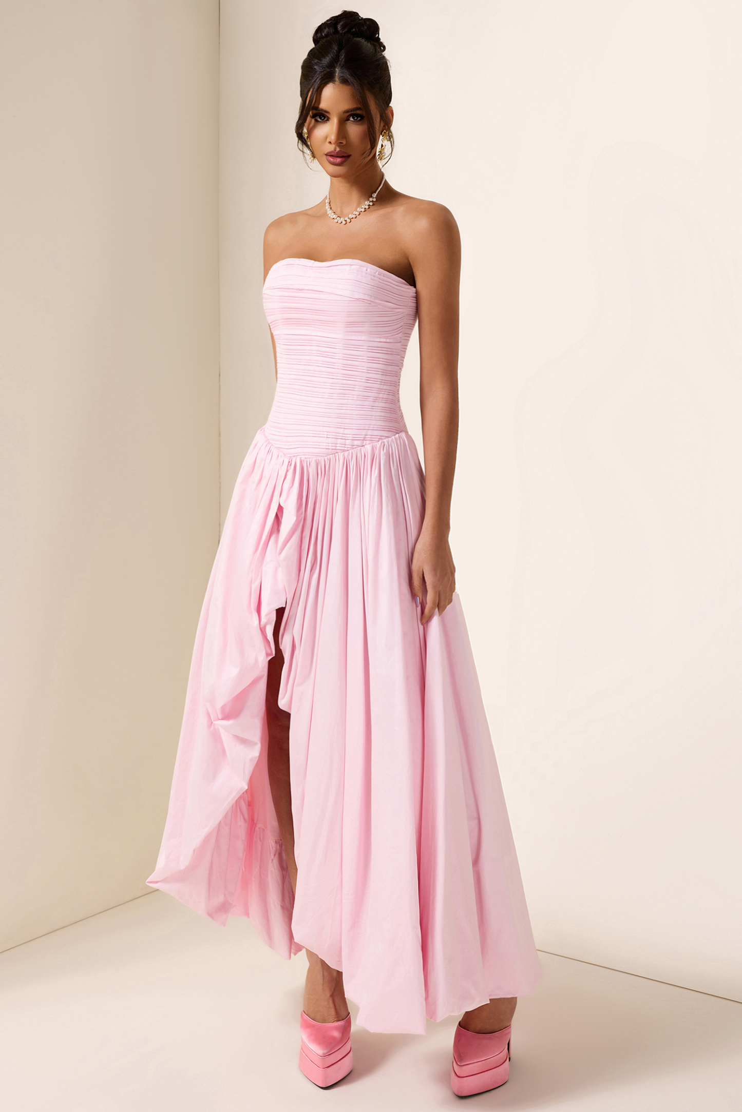 Off-Shoulder Pleat Split Solid Maxi Dress