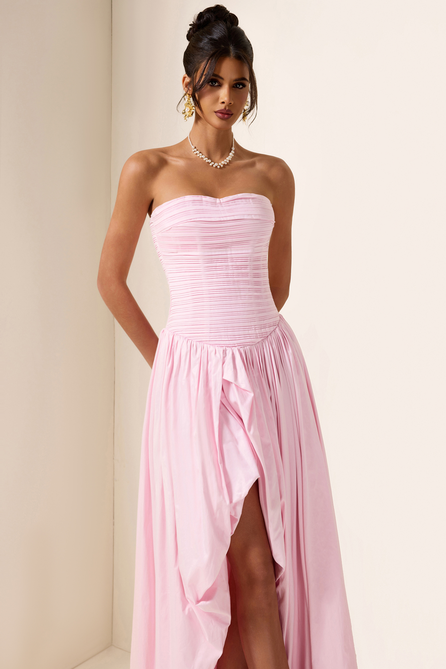 Off-Shoulder Pleat Split Solid Maxi Dress