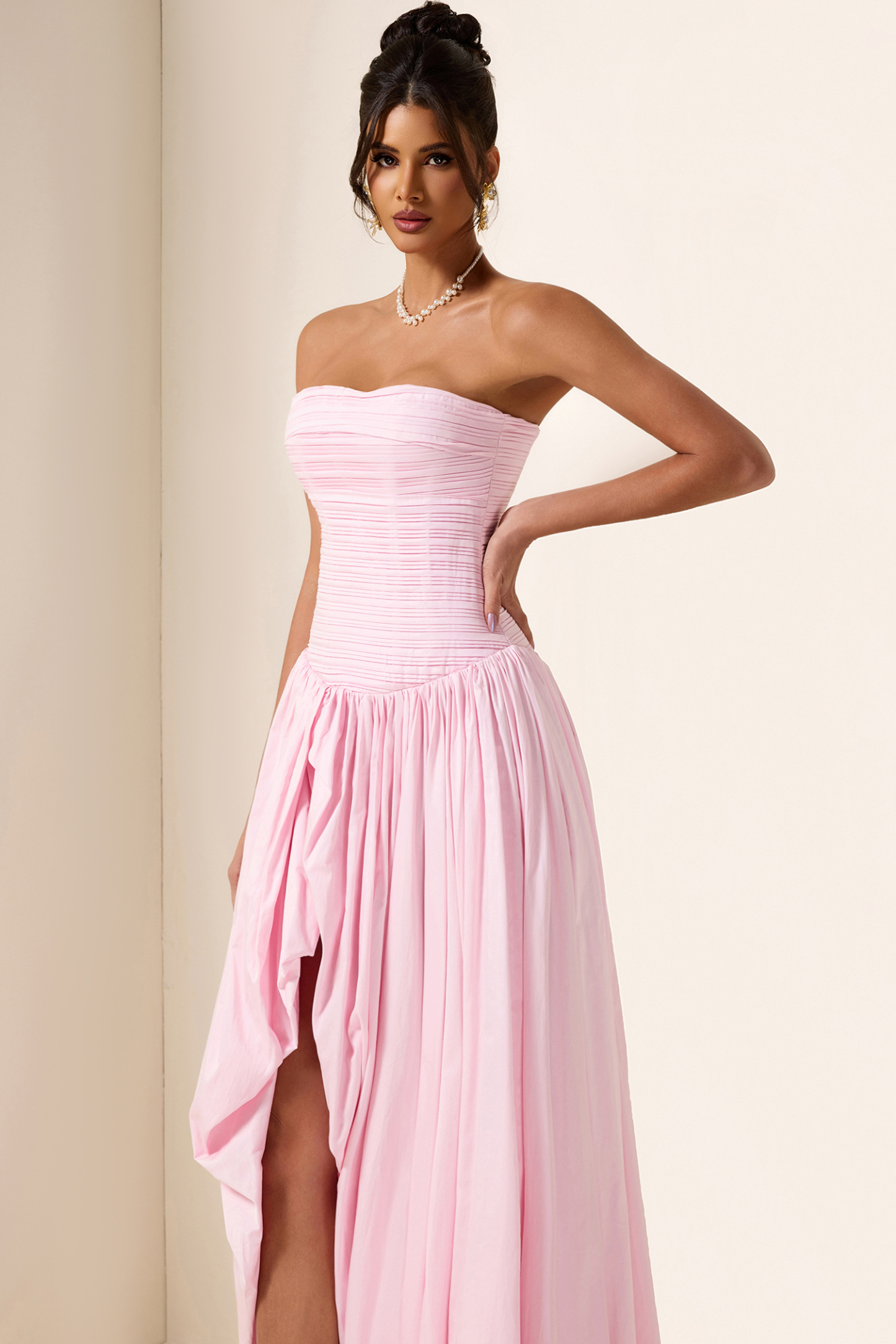 Off-Shoulder Pleat Split Solid Maxi Dress