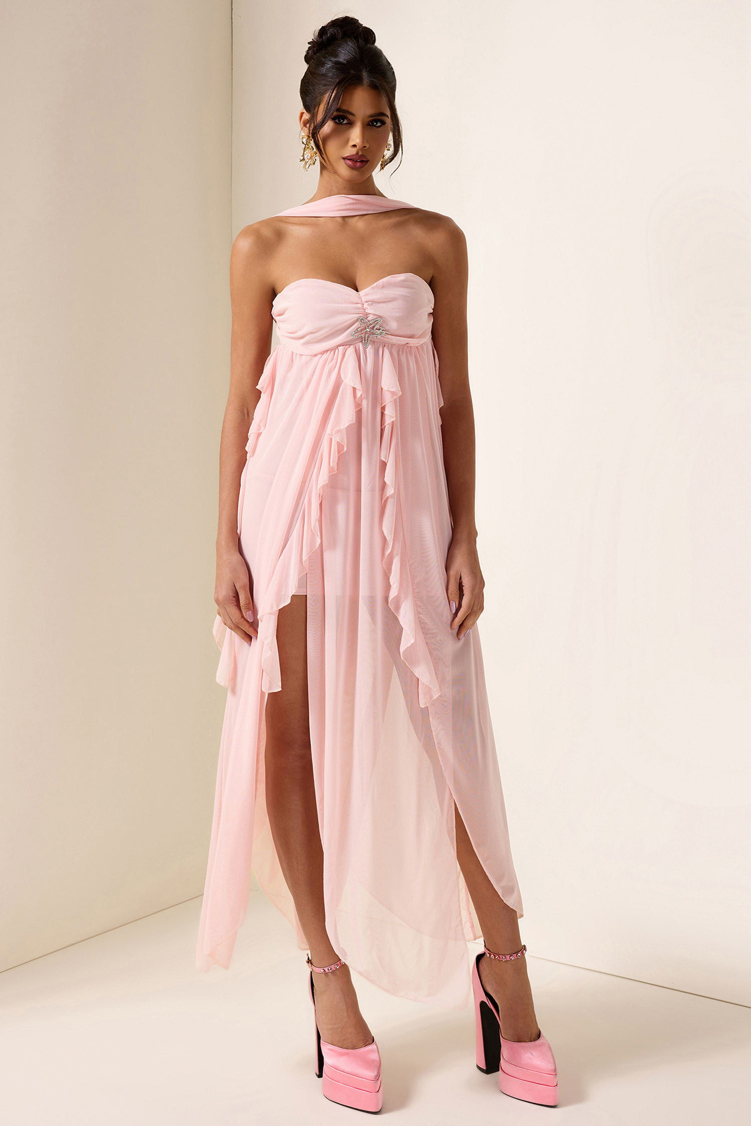 Chiffon Halter Neck Frill Midi Dress