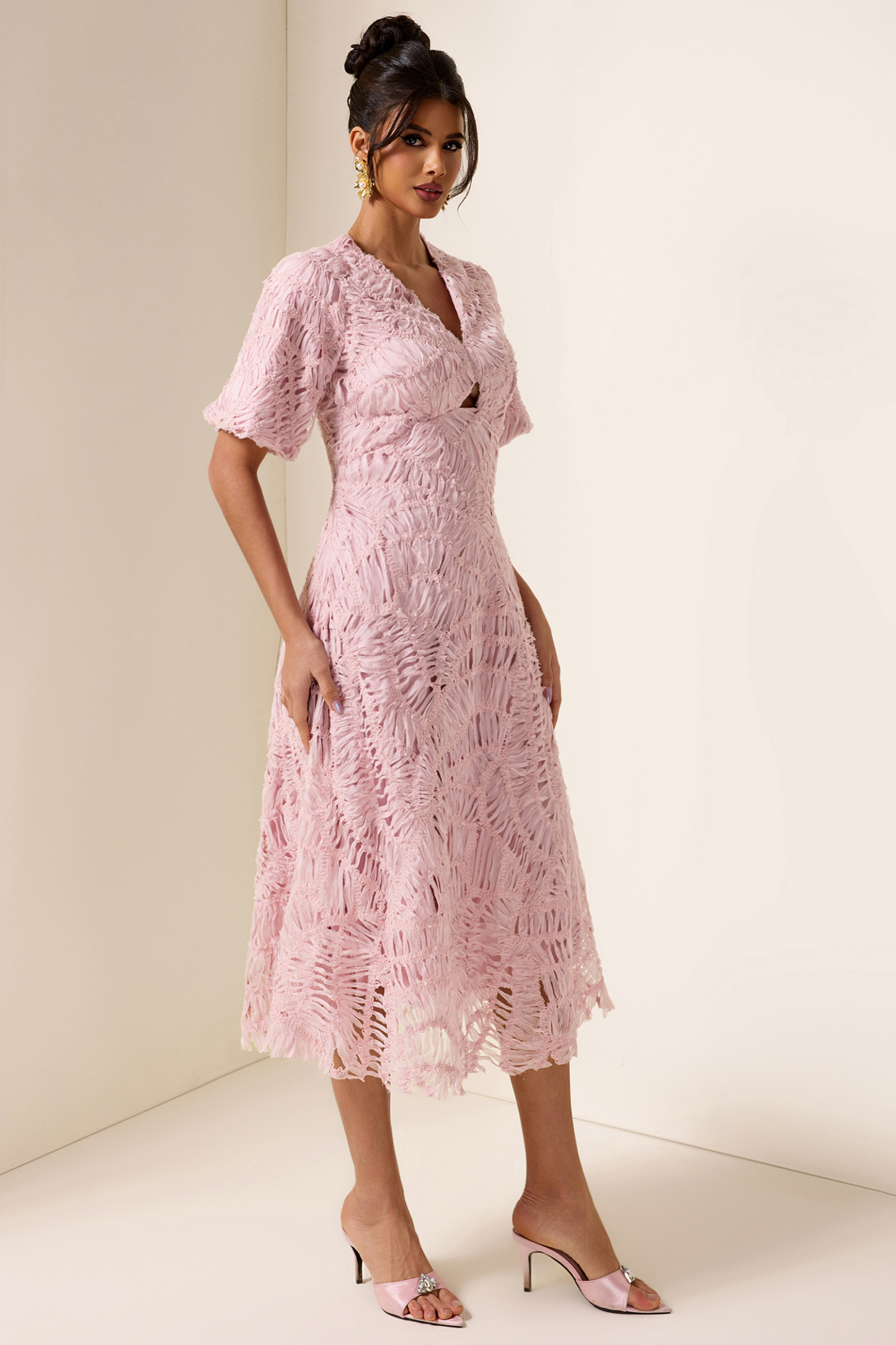 V-Neck Puff Sleeve Cut-Out Midi Dress