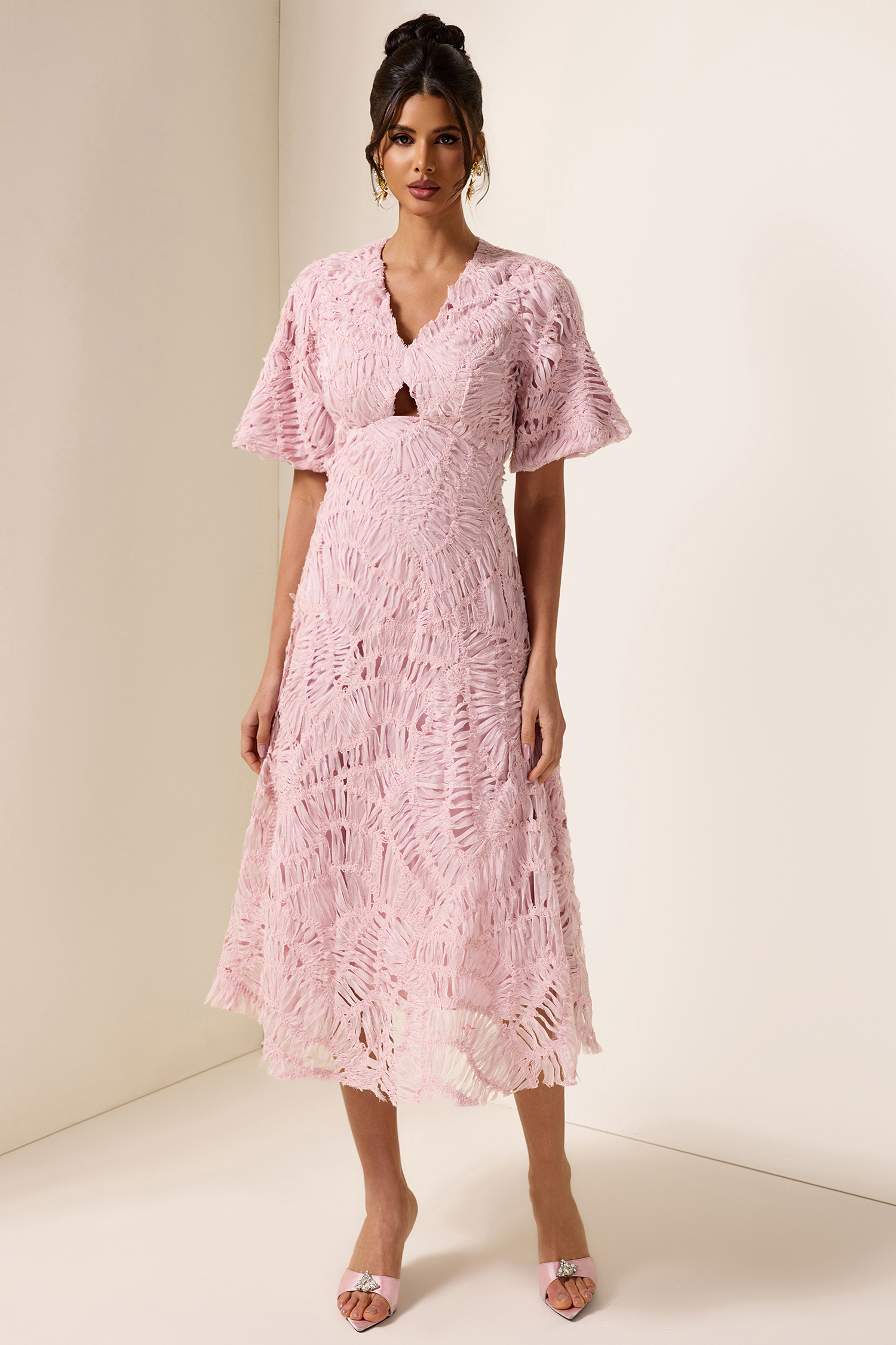 V-Neck Puff Sleeve Cut-Out Midi Dress
