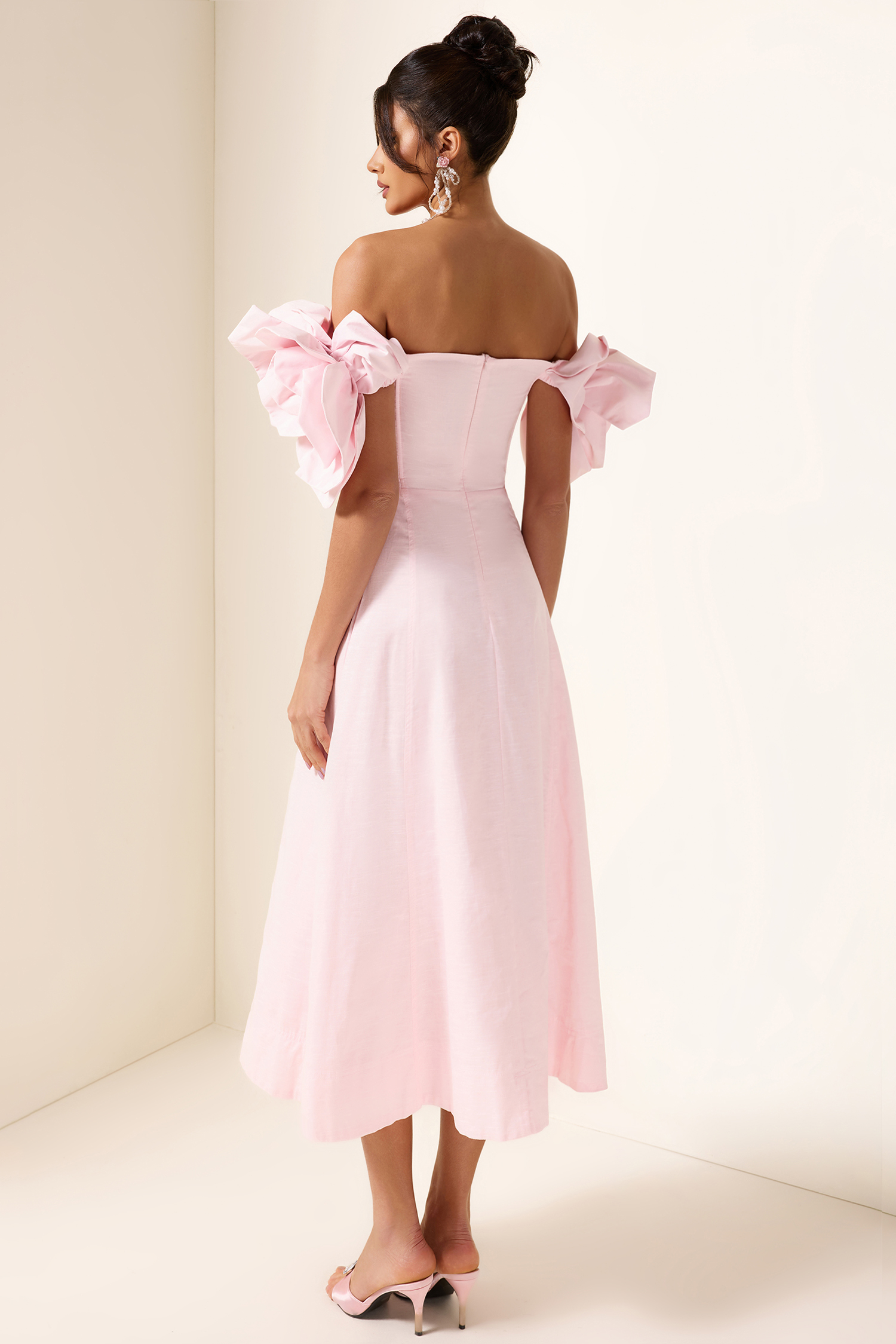 3D Flower Solid Off-Shoulder Midi Dress