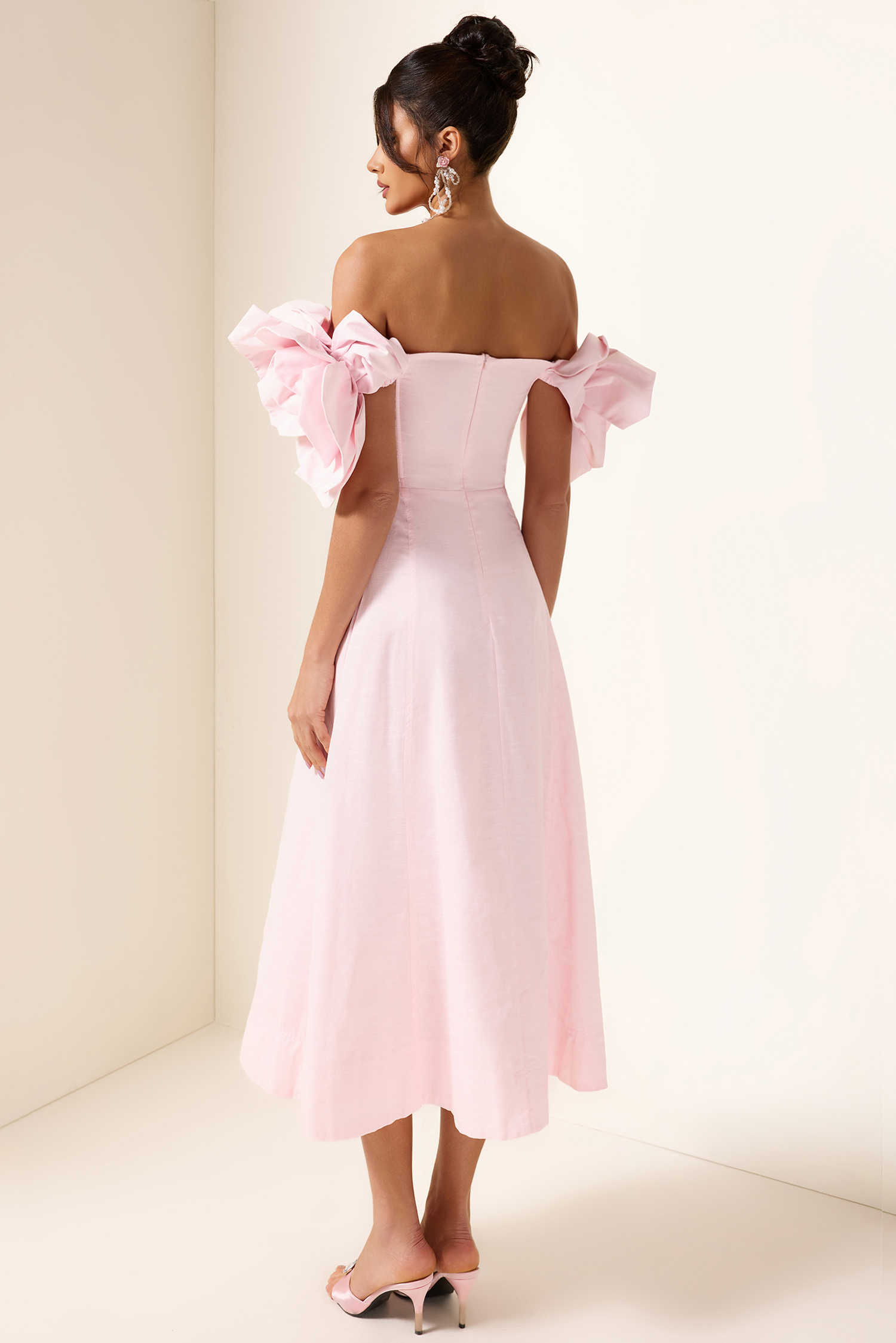 3D Flower Solid Off-Shoulder Midi Dress