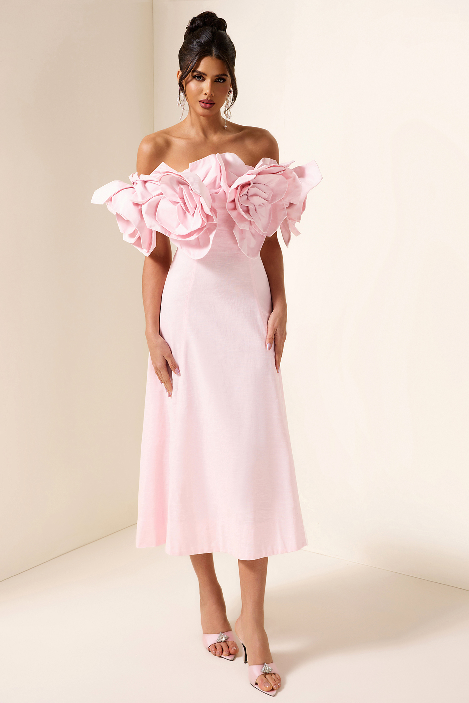 3D Flower Solid Off-Shoulder Midi Dress